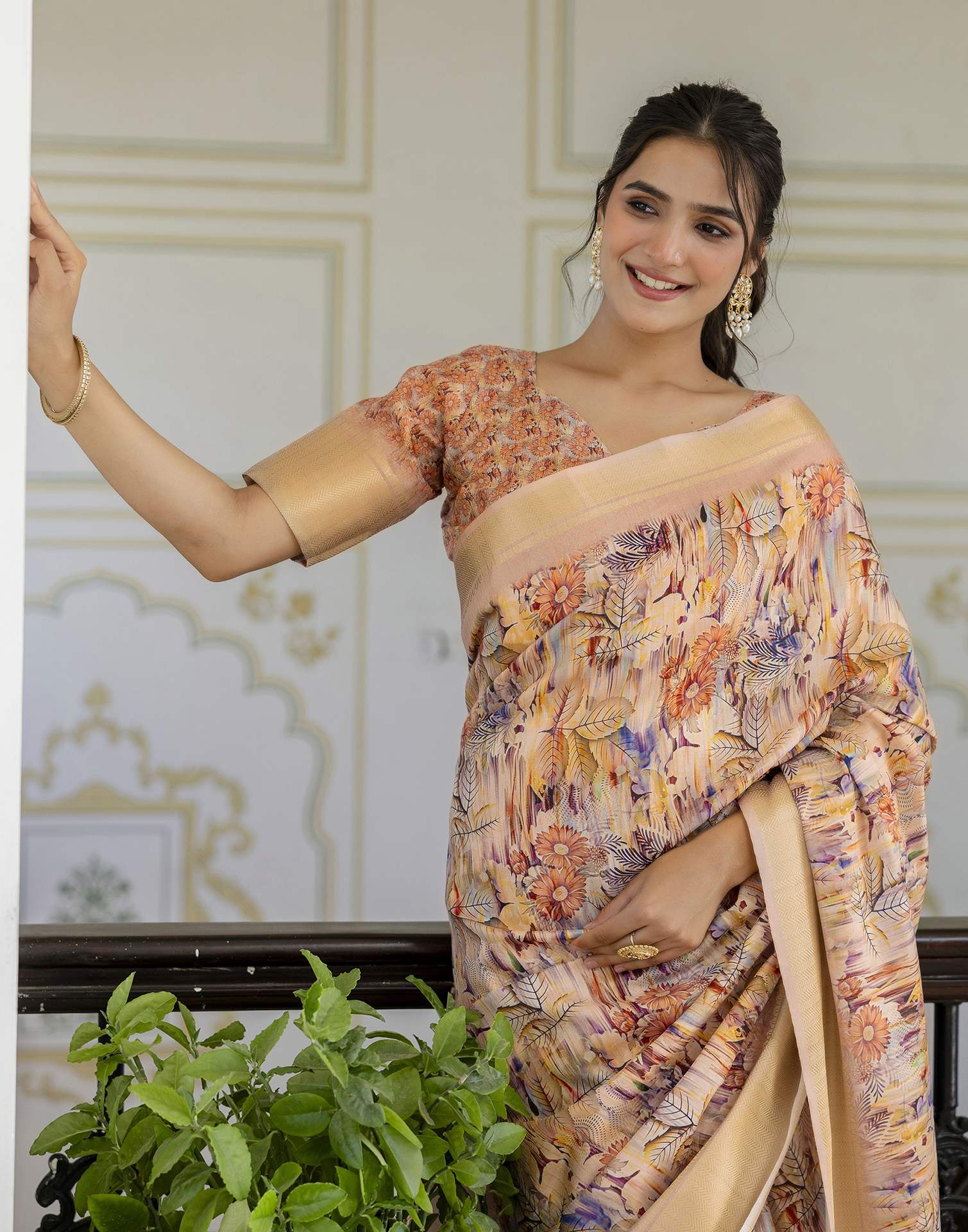 Ready To Wear Light Beige Dola Silk Woven Border Printed Saree