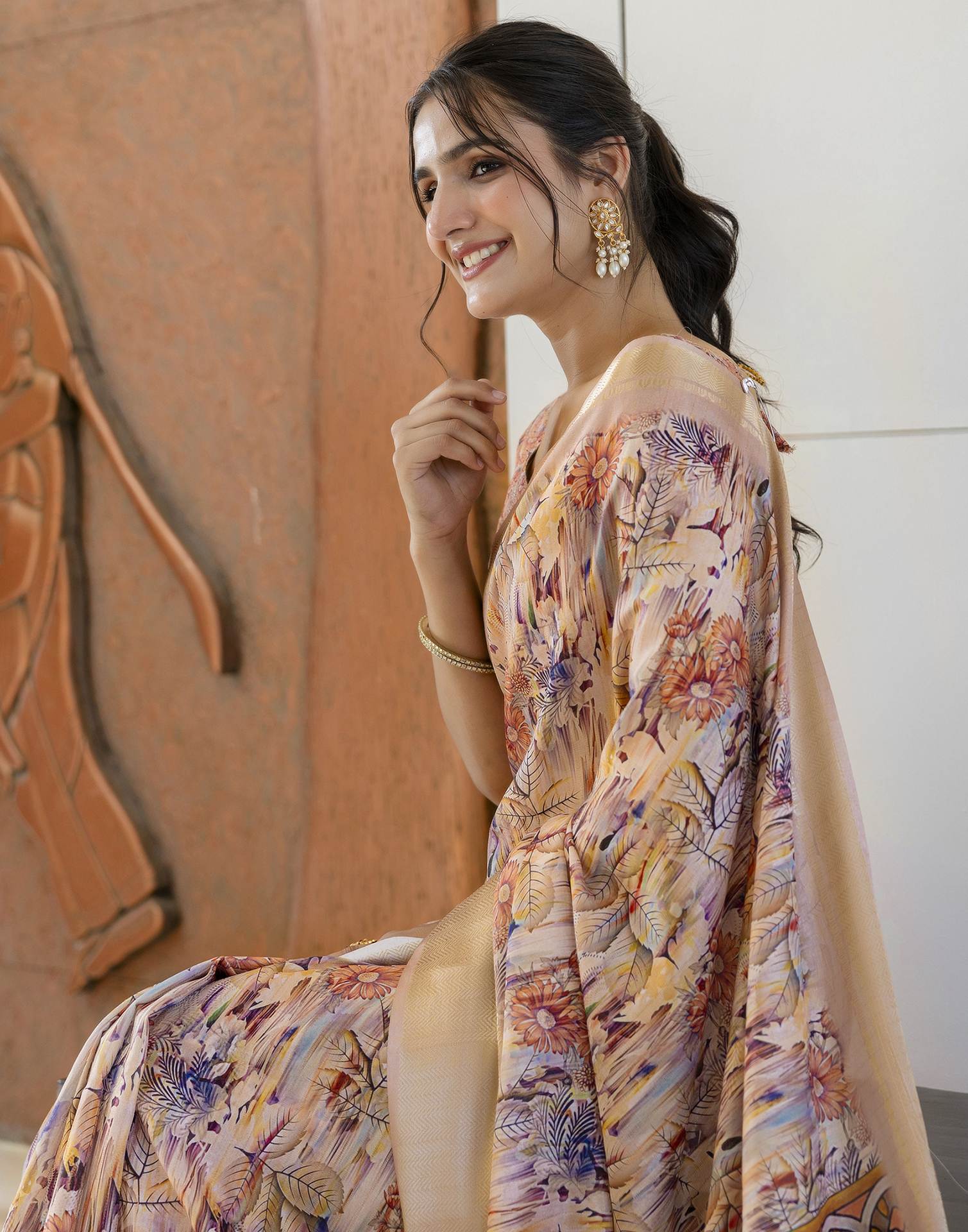 Ready To Wear Light Beige Dola Silk Woven Border Printed Saree