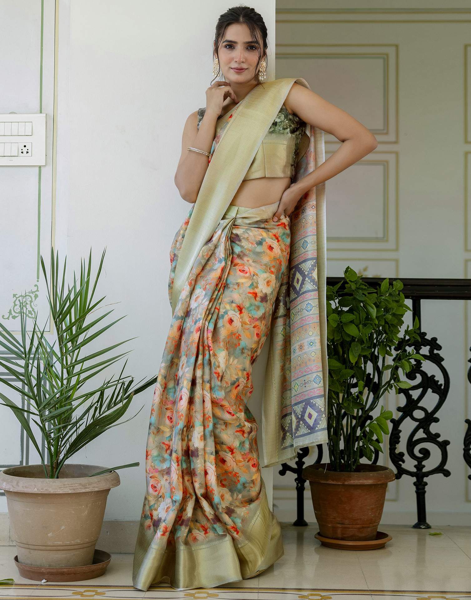 Ready To Wear Light Green Dola Silk Woven Border Printed Saree