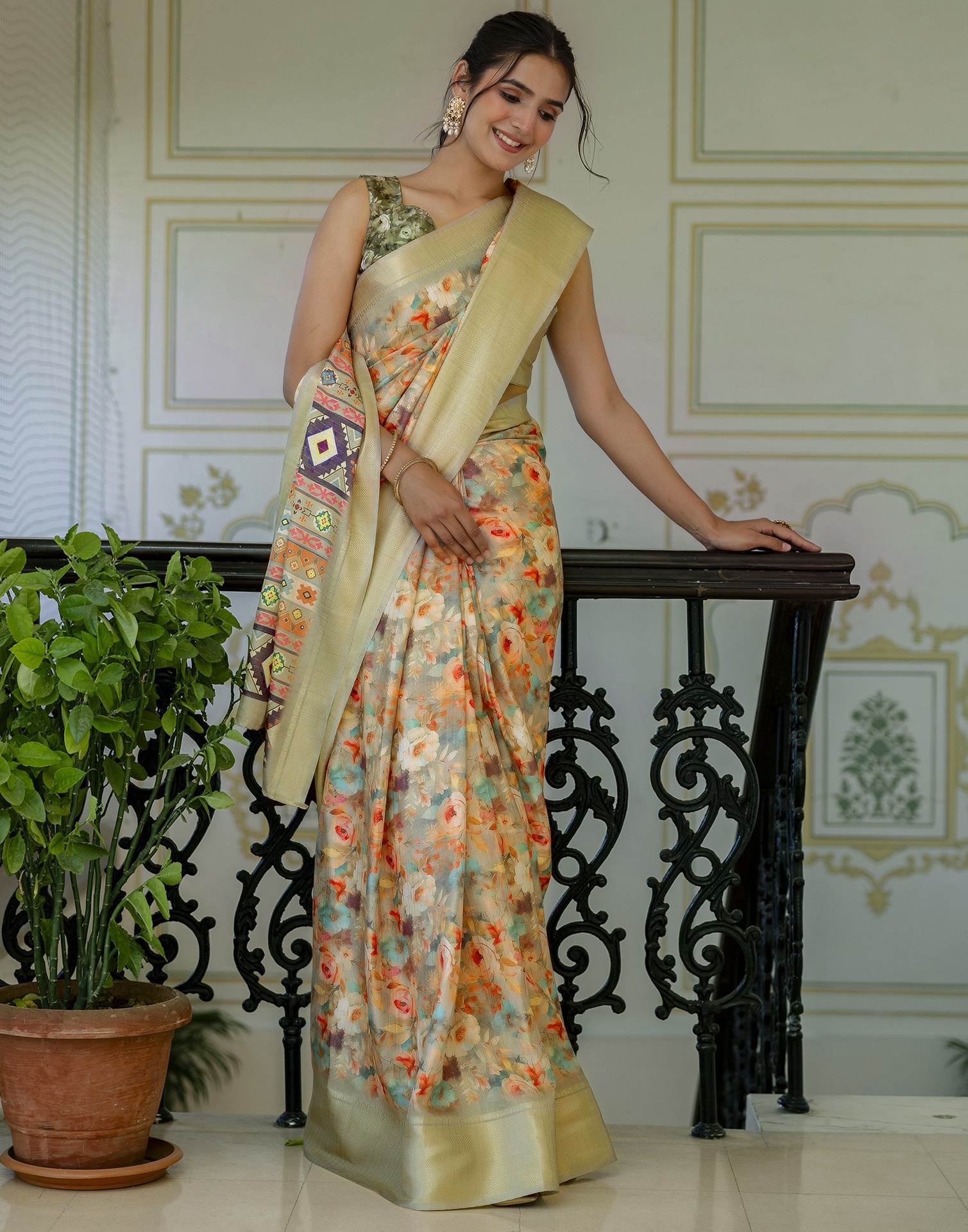 Ready To Wear Light Green Dola Silk Woven Border Printed Saree