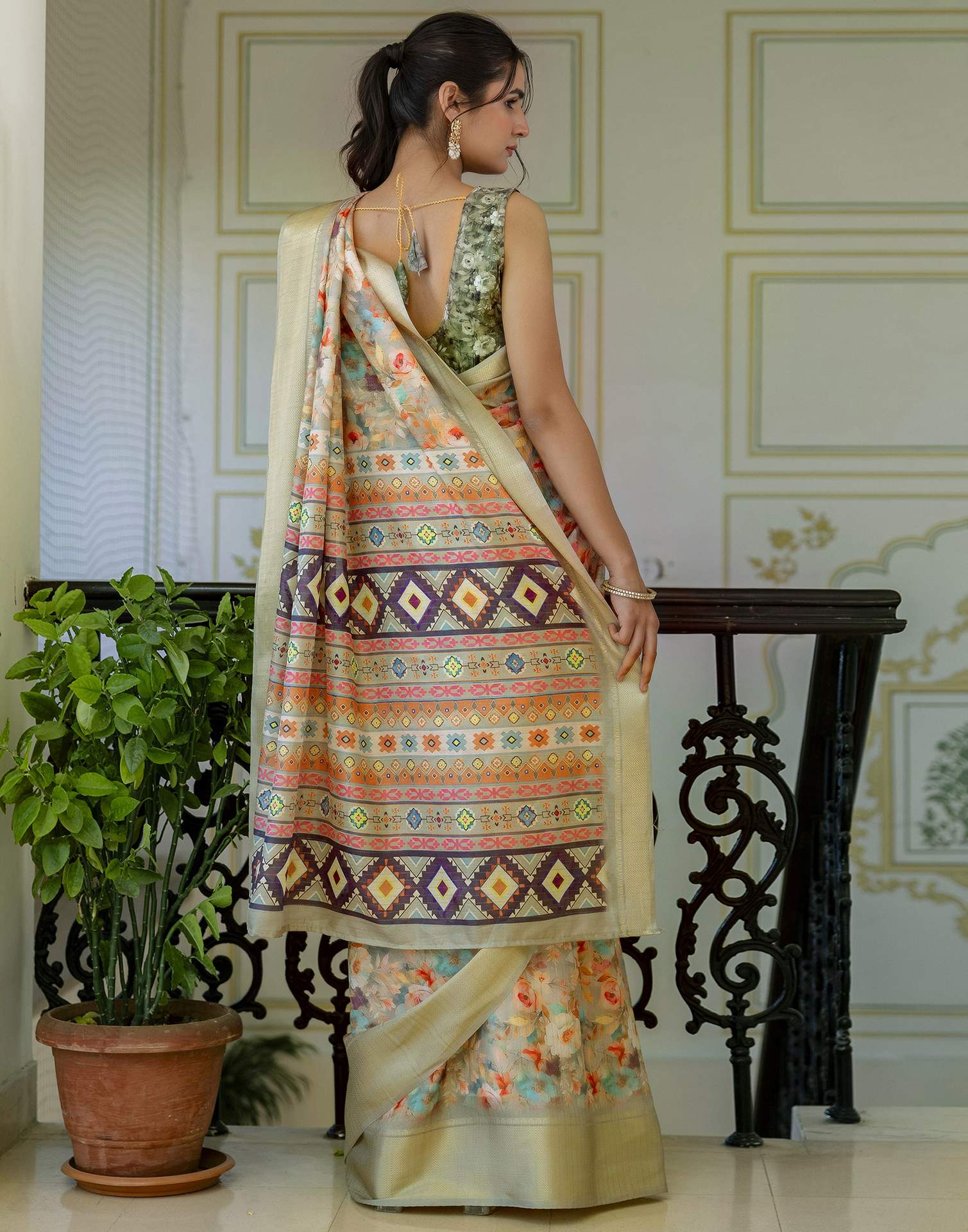 Ready To Wear Light Green Dola Silk Woven Border Printed Saree