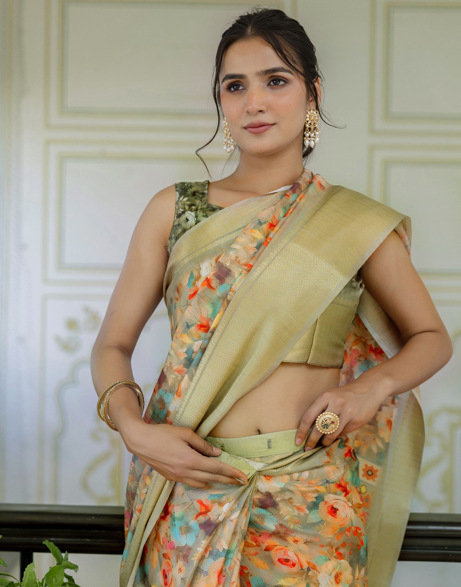 Ready To Wear Light Green Dola Silk Woven Border Printed Saree