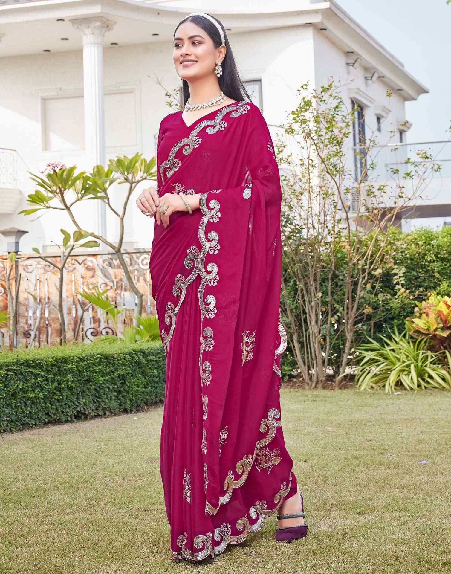 Dark Pink Shimmer Sequence Embroidery Saree