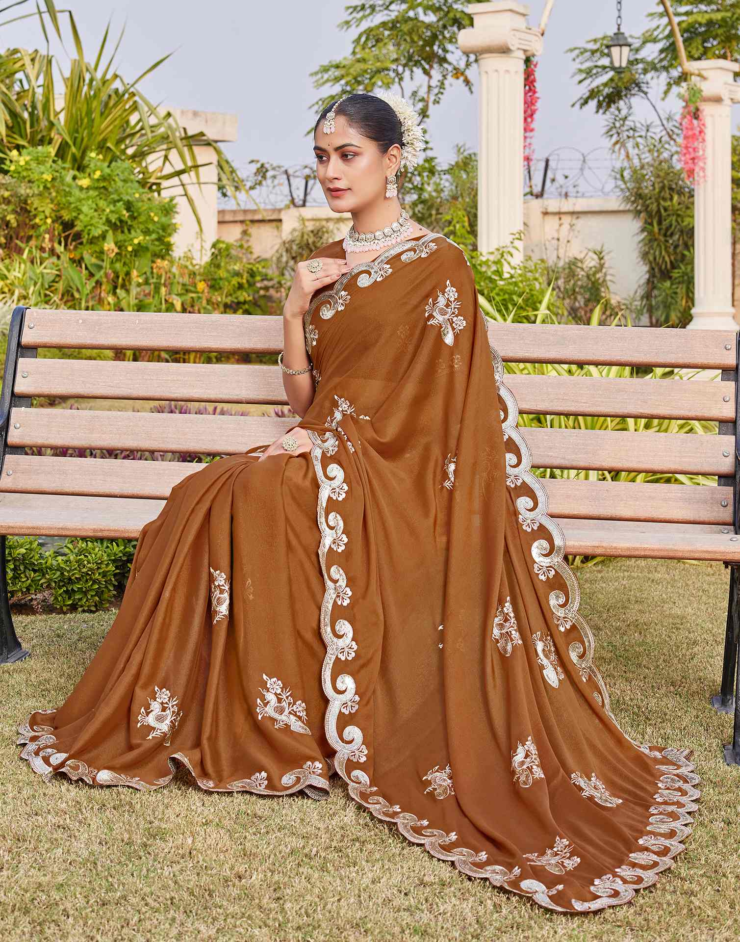 Brown Shimmer Sequence Embroidery Saree