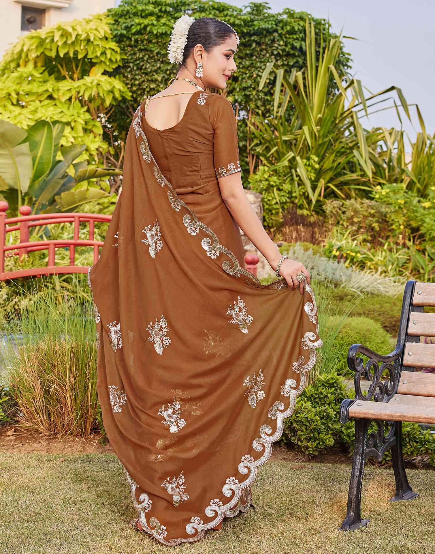 Brown Shimmer Sequence Embroidery Saree