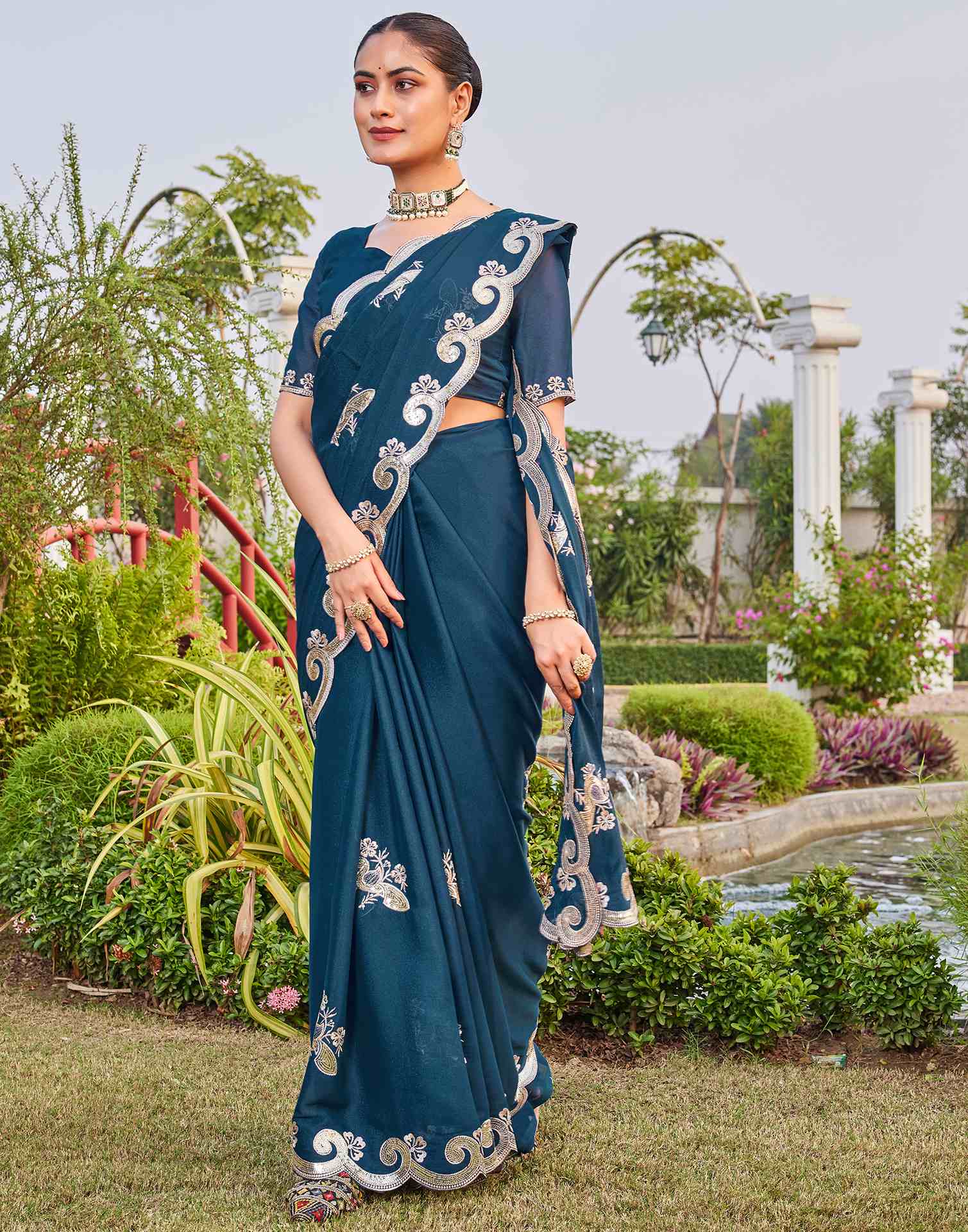 Dark Teal Blue Shimmer Sequence Embroidery Saree