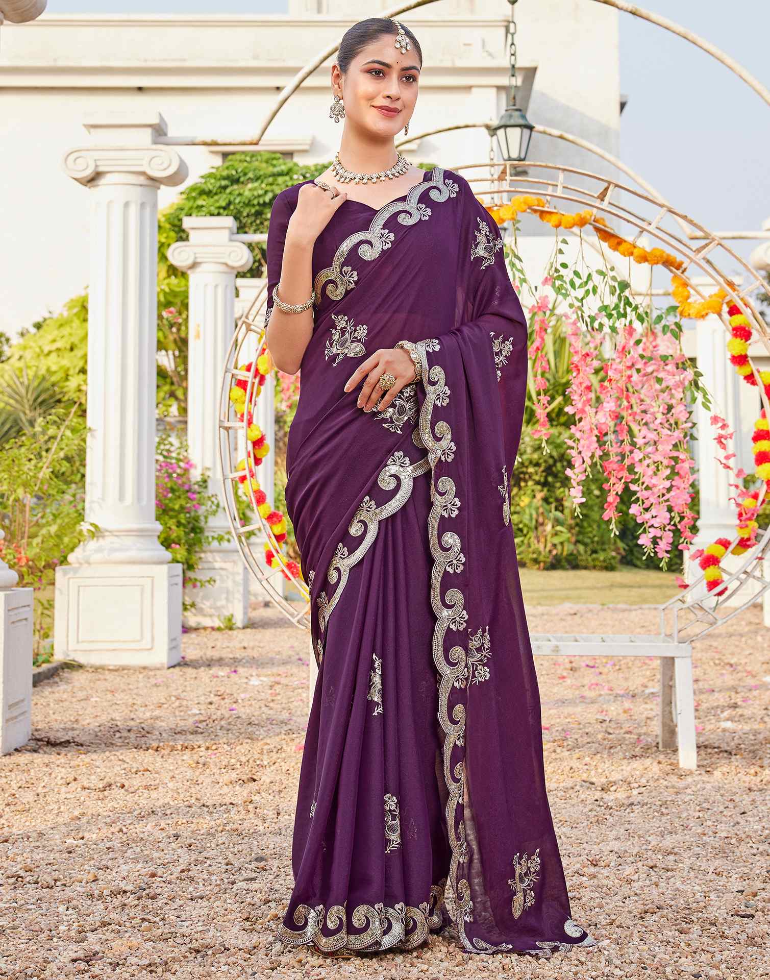 Wine Shimmer Sequence Embroidery Saree