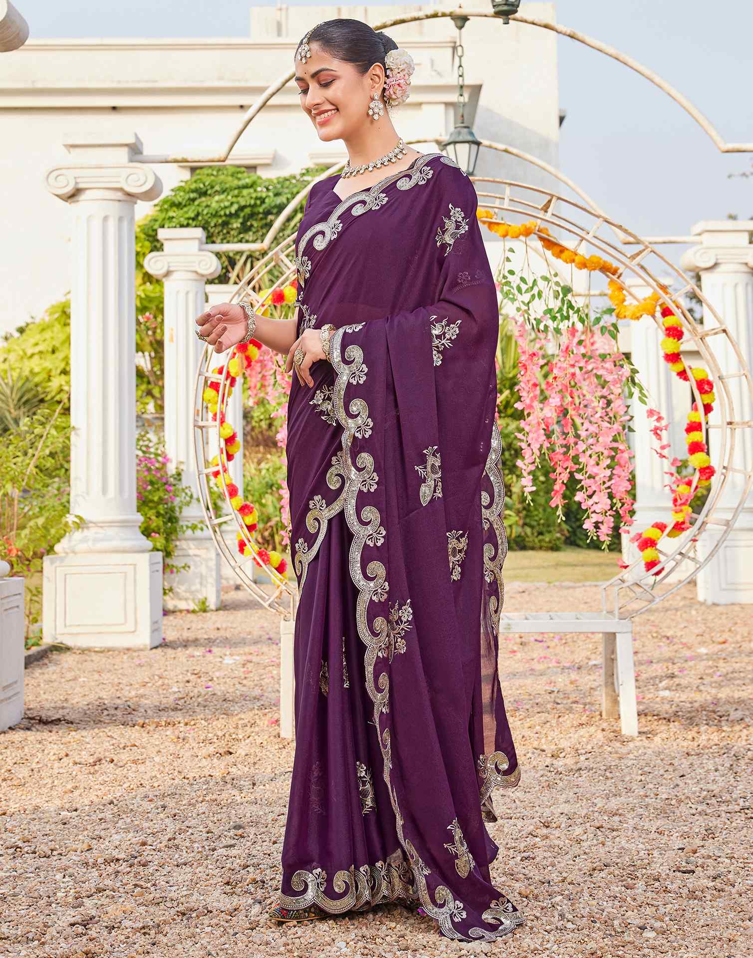 Wine Shimmer Sequence Embroidery Saree