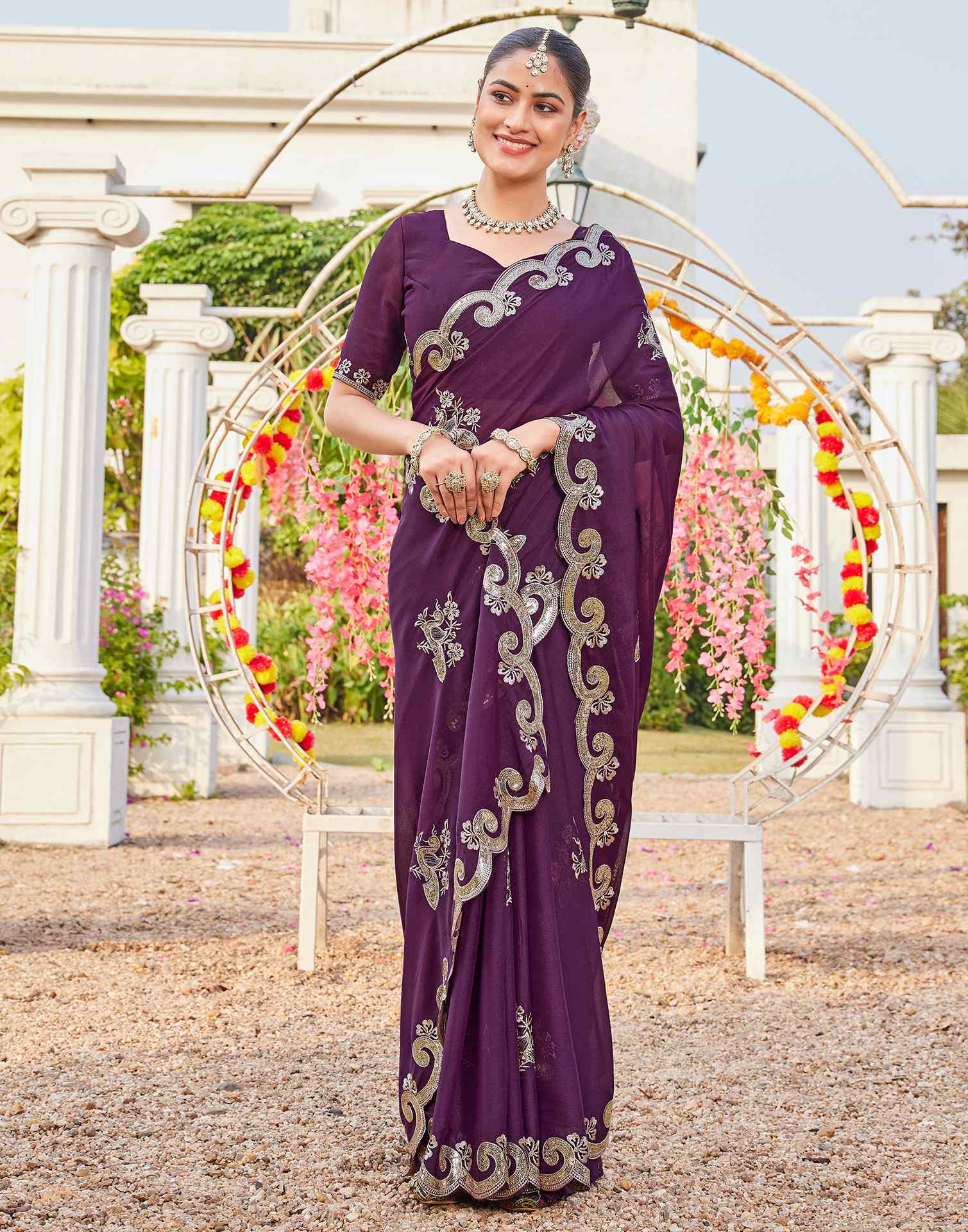 Wine Shimmer Sequence Embroidery Saree