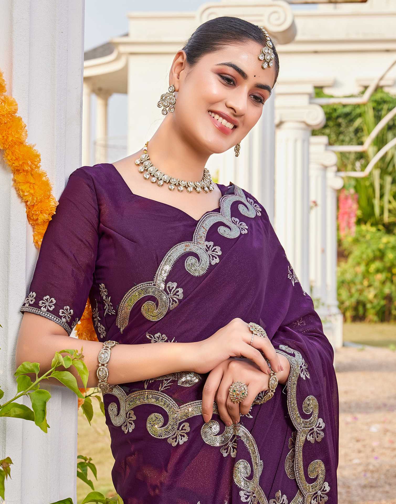 Wine Shimmer Sequence Embroidery Saree