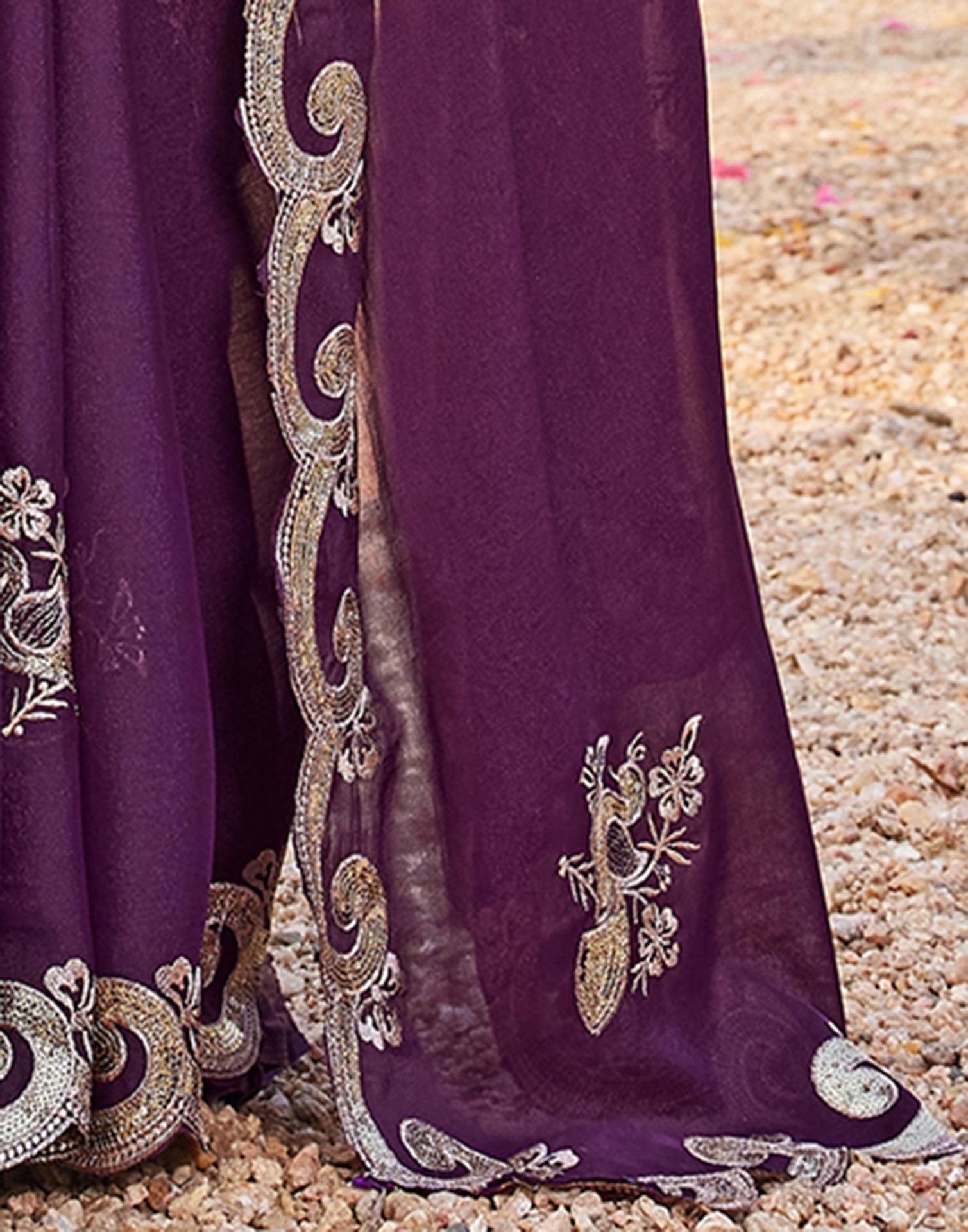 Wine Shimmer Sequence Embroidery Saree
