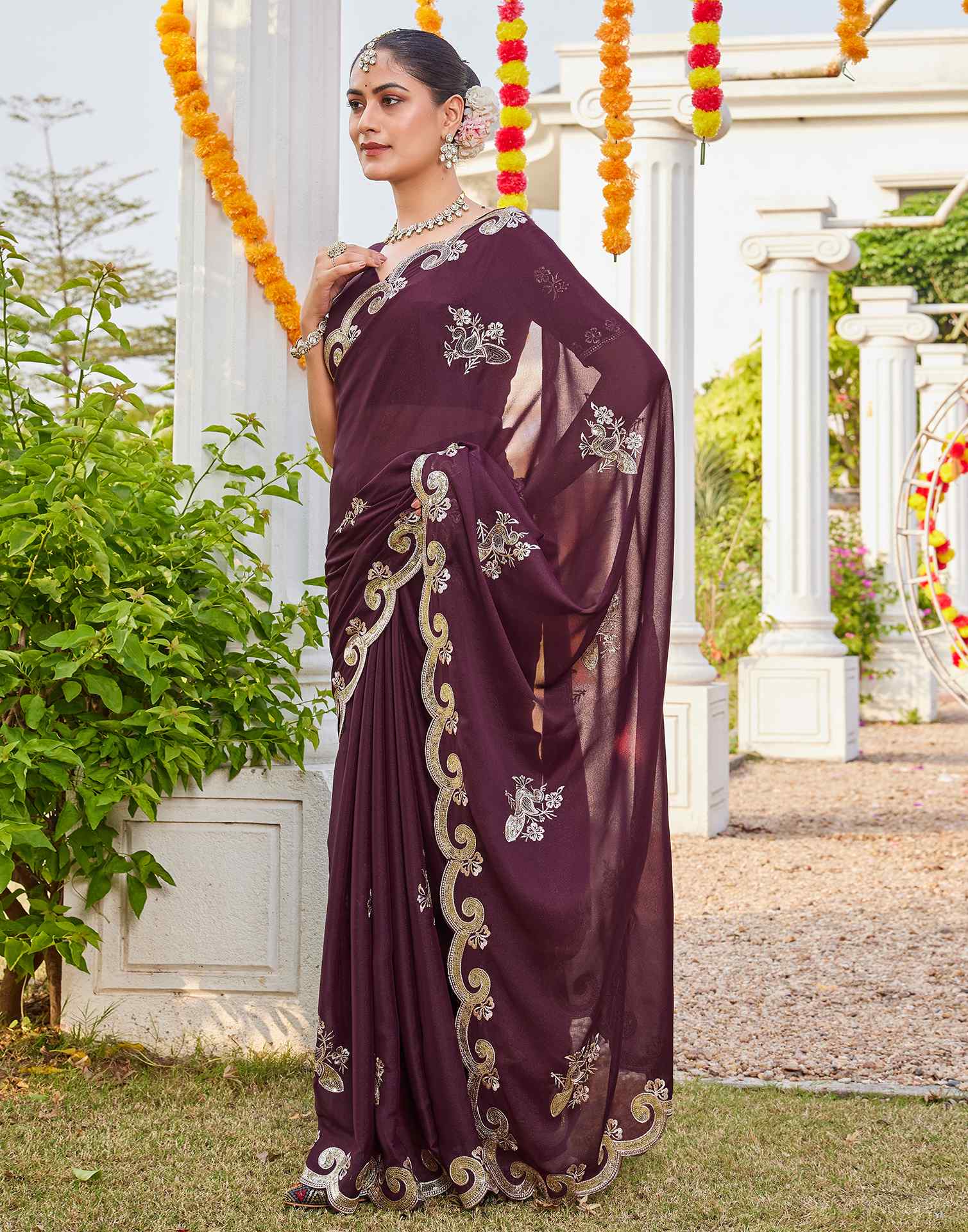 Dark Brown Shimmer Sequence Embroidery Saree