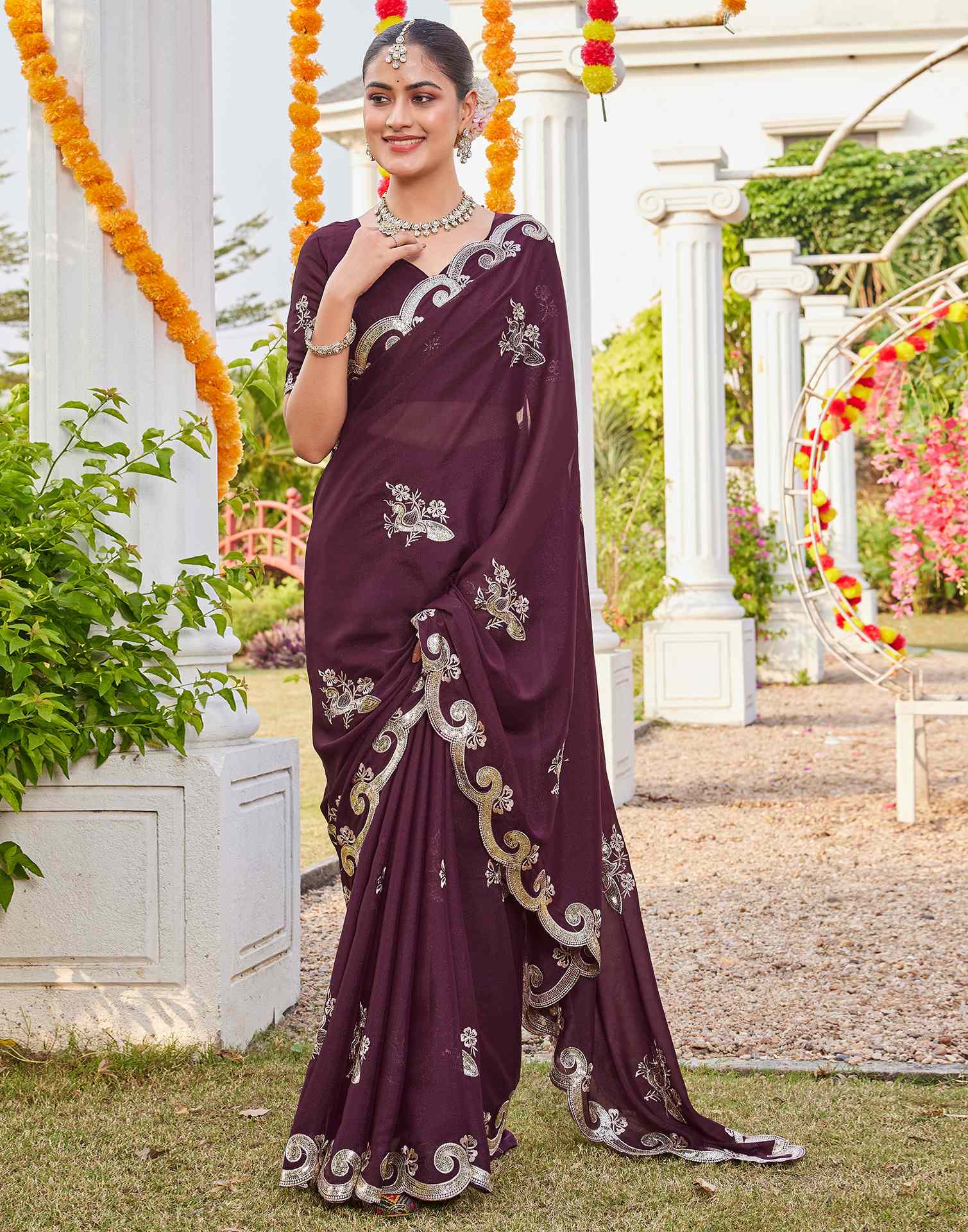 Dark Brown Shimmer Sequence Embroidery Saree