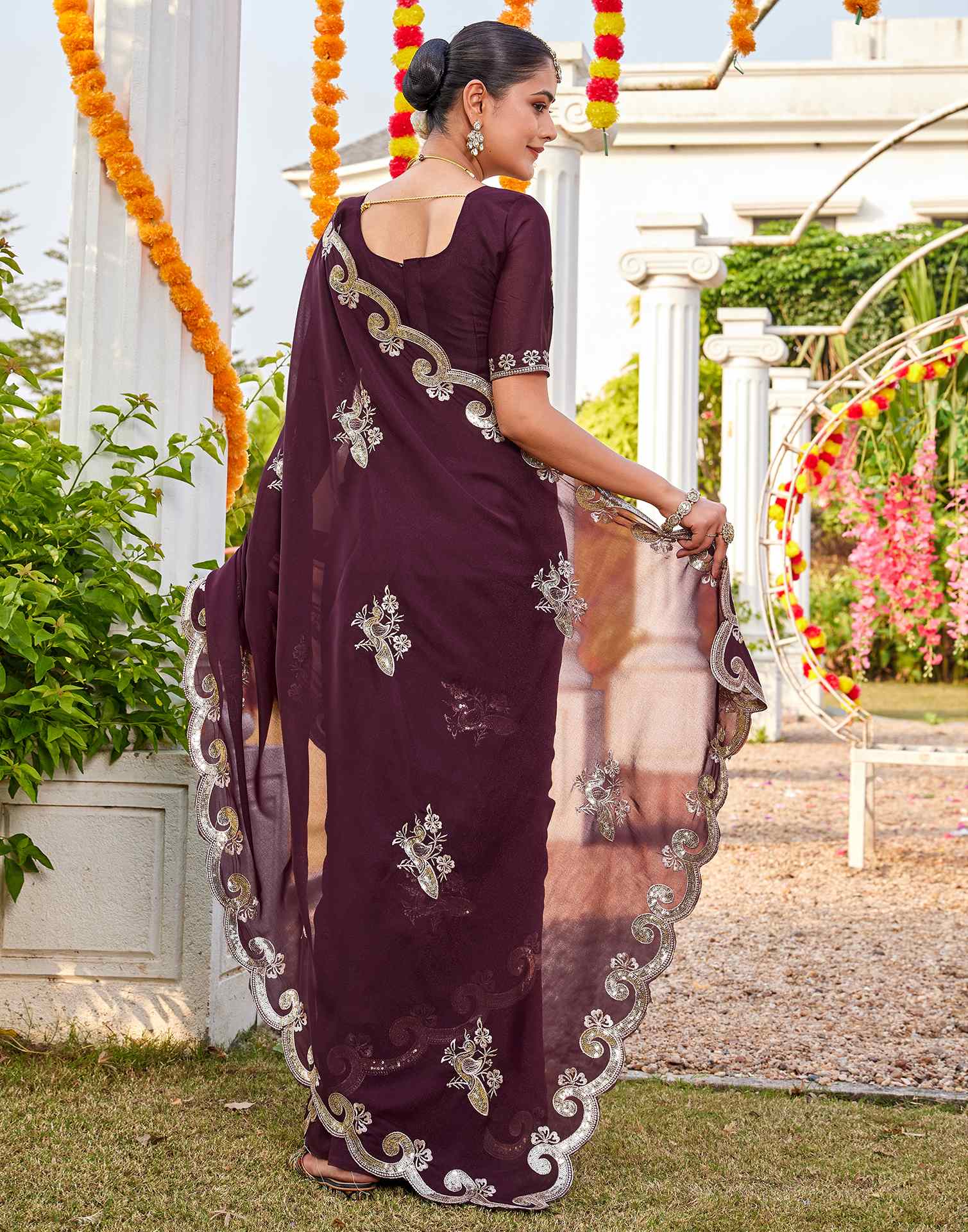 Dark Brown Shimmer Sequence Embroidery Saree