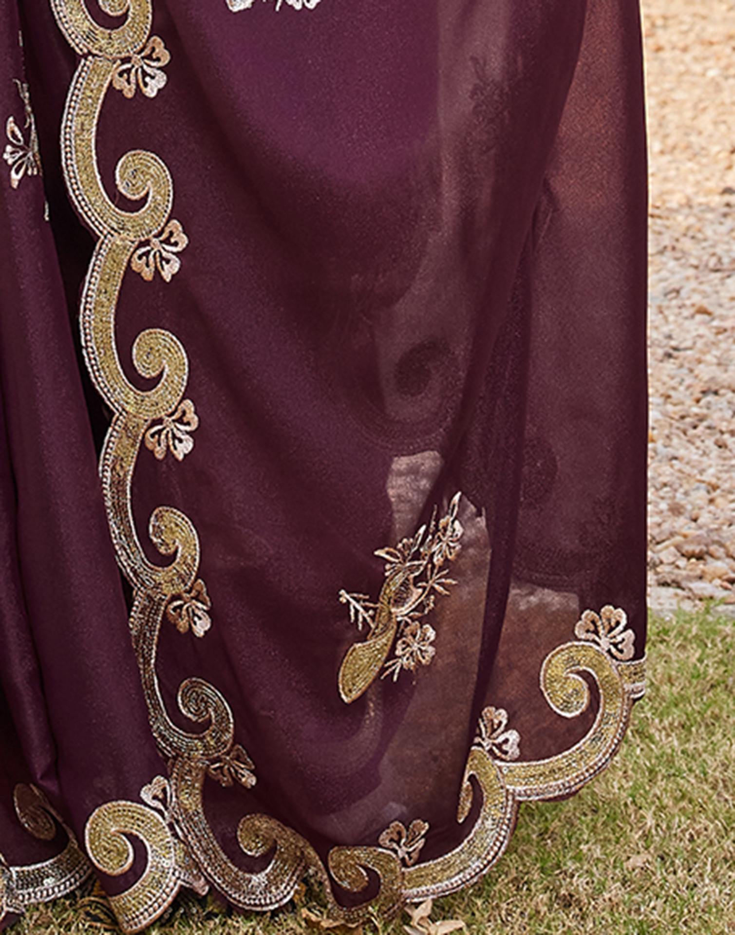 Dark Brown Shimmer Sequence Embroidery Saree