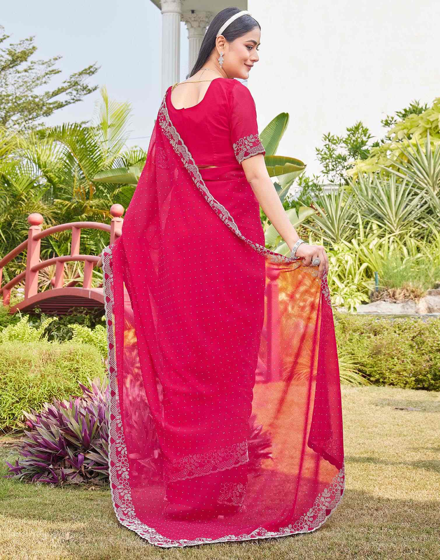 Pink Georgette Stone Work Swarovski Saree