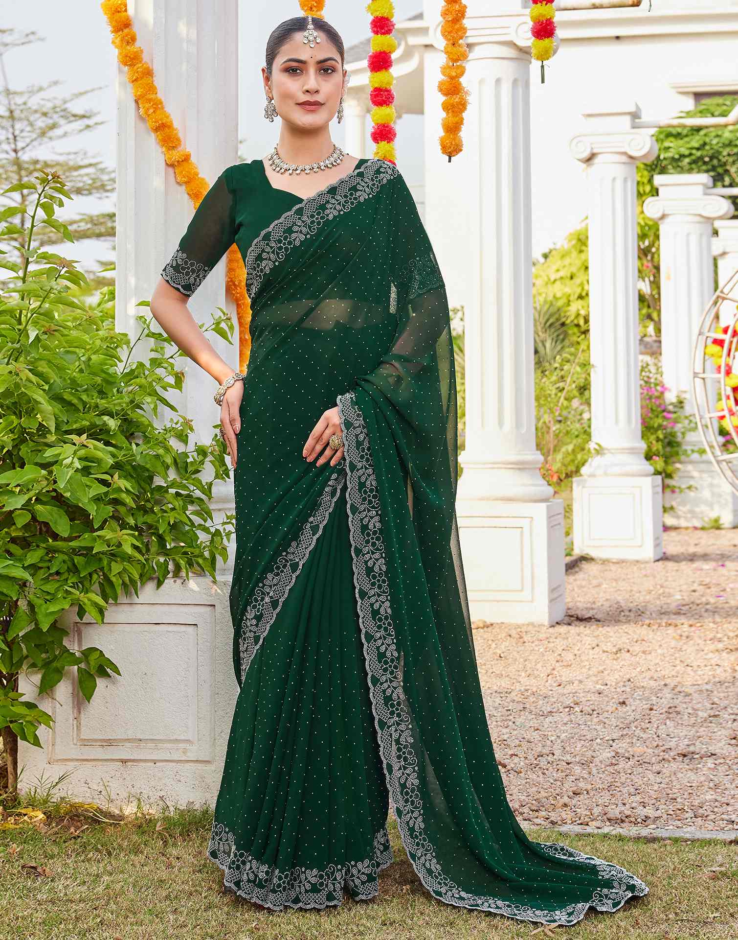 Green Georgette Stone Work Swarovski Saree