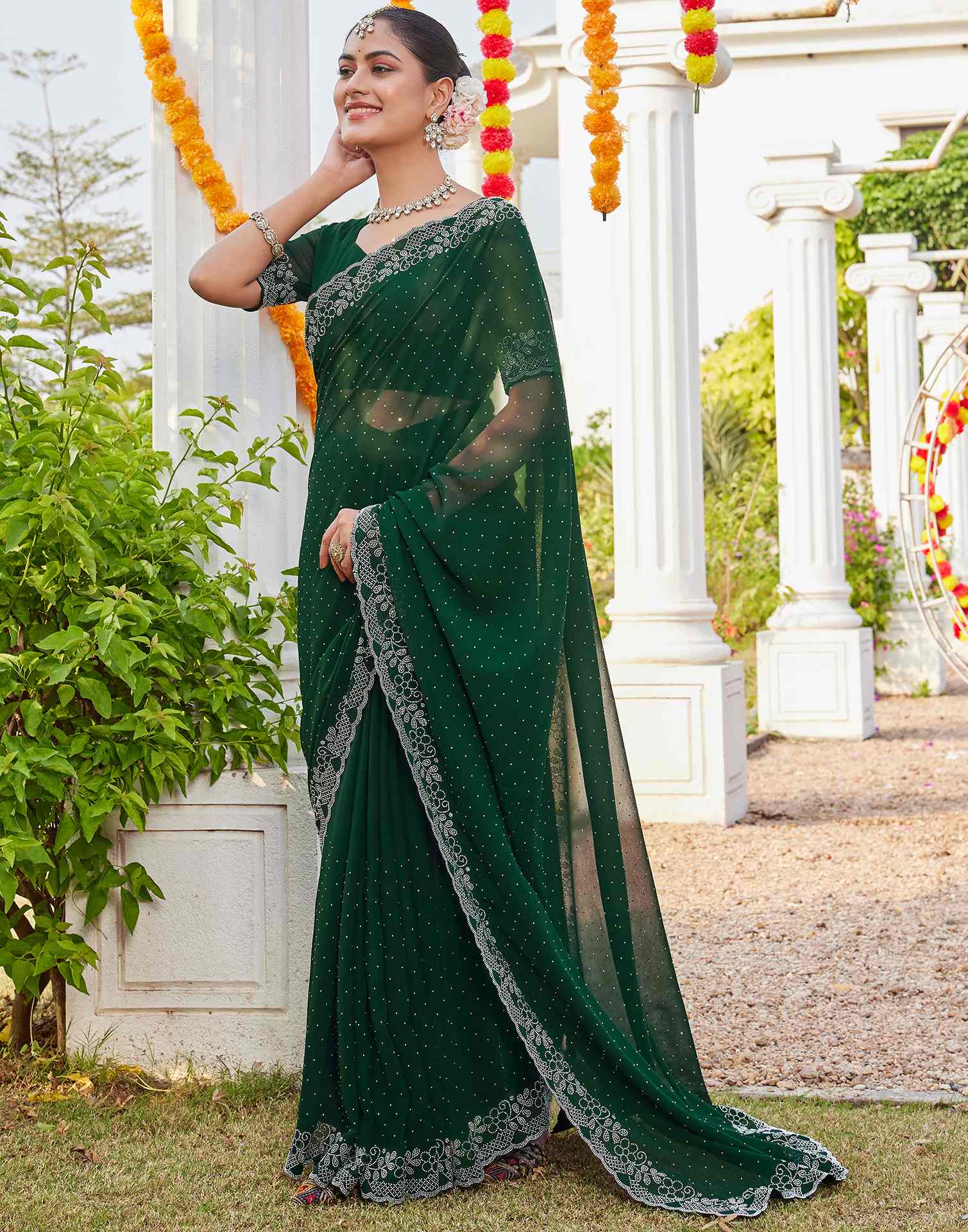 Green Georgette Stone Work Swarovski Saree