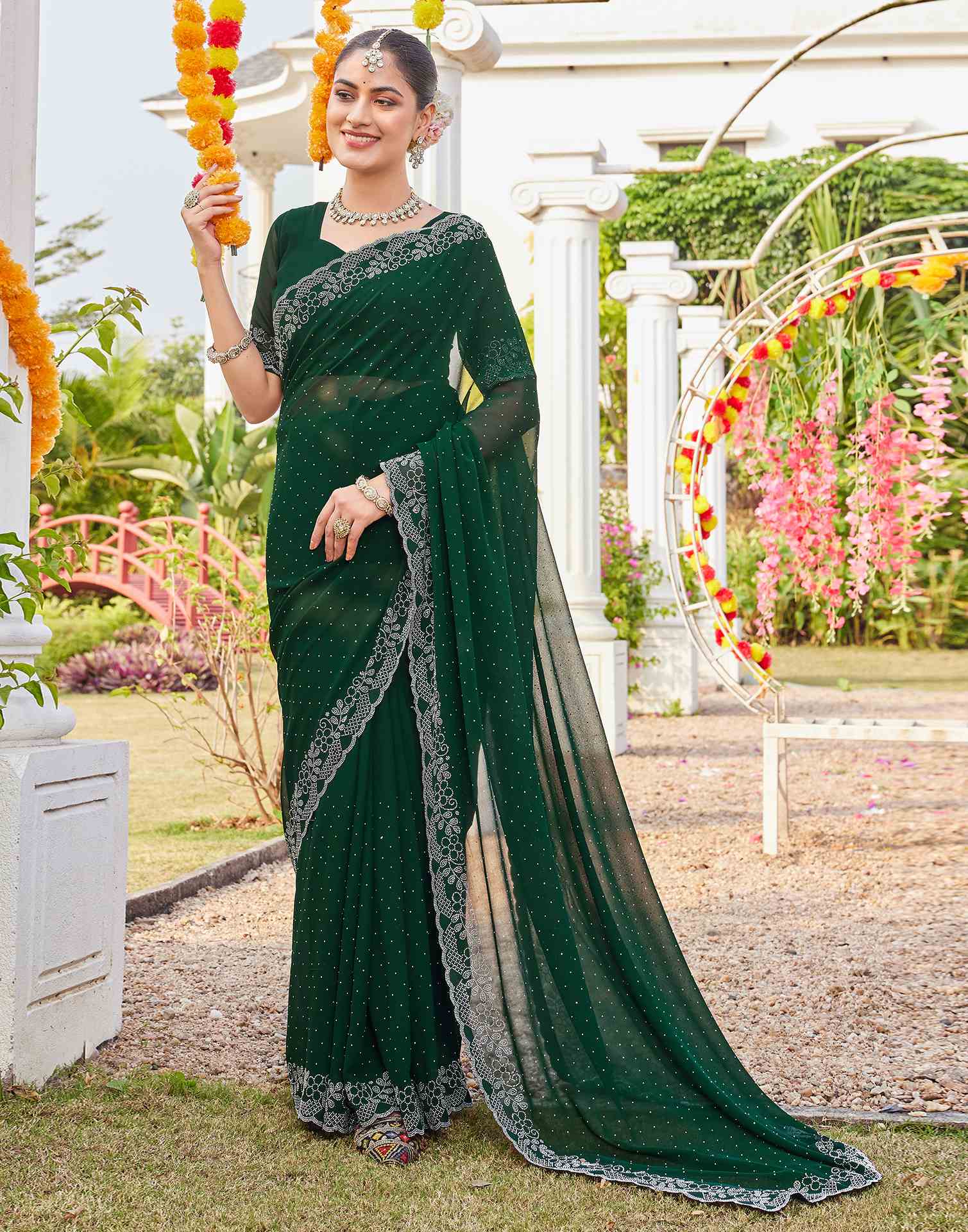 Green Georgette Stone Work Swarovski Saree