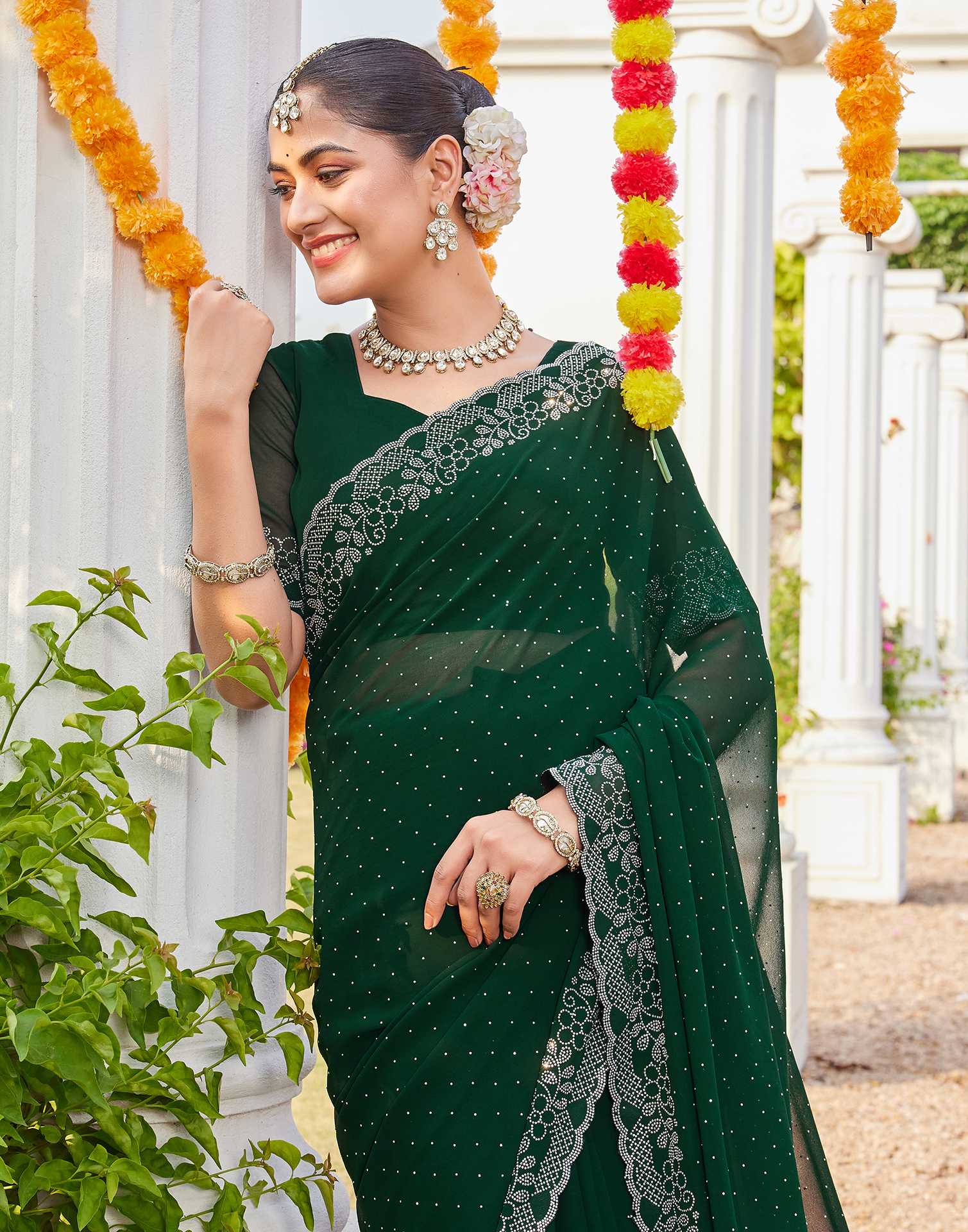Green Georgette Stone Work Swarovski Saree