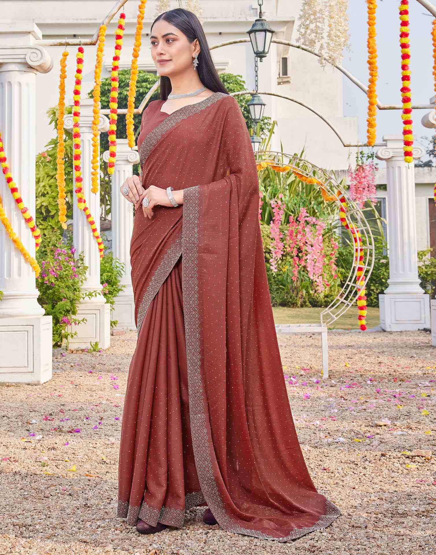 Brown Shimmer Stone Work Swarovski Saree