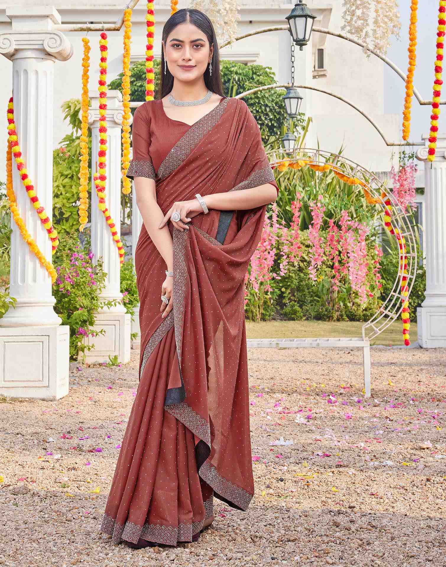 Brown Shimmer Stone Work Swarovski Saree