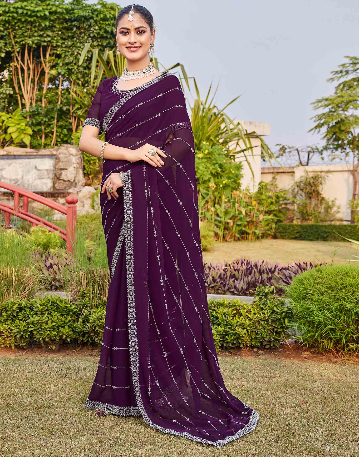 Dark Purple Georgette Stone Work Embellished Saree