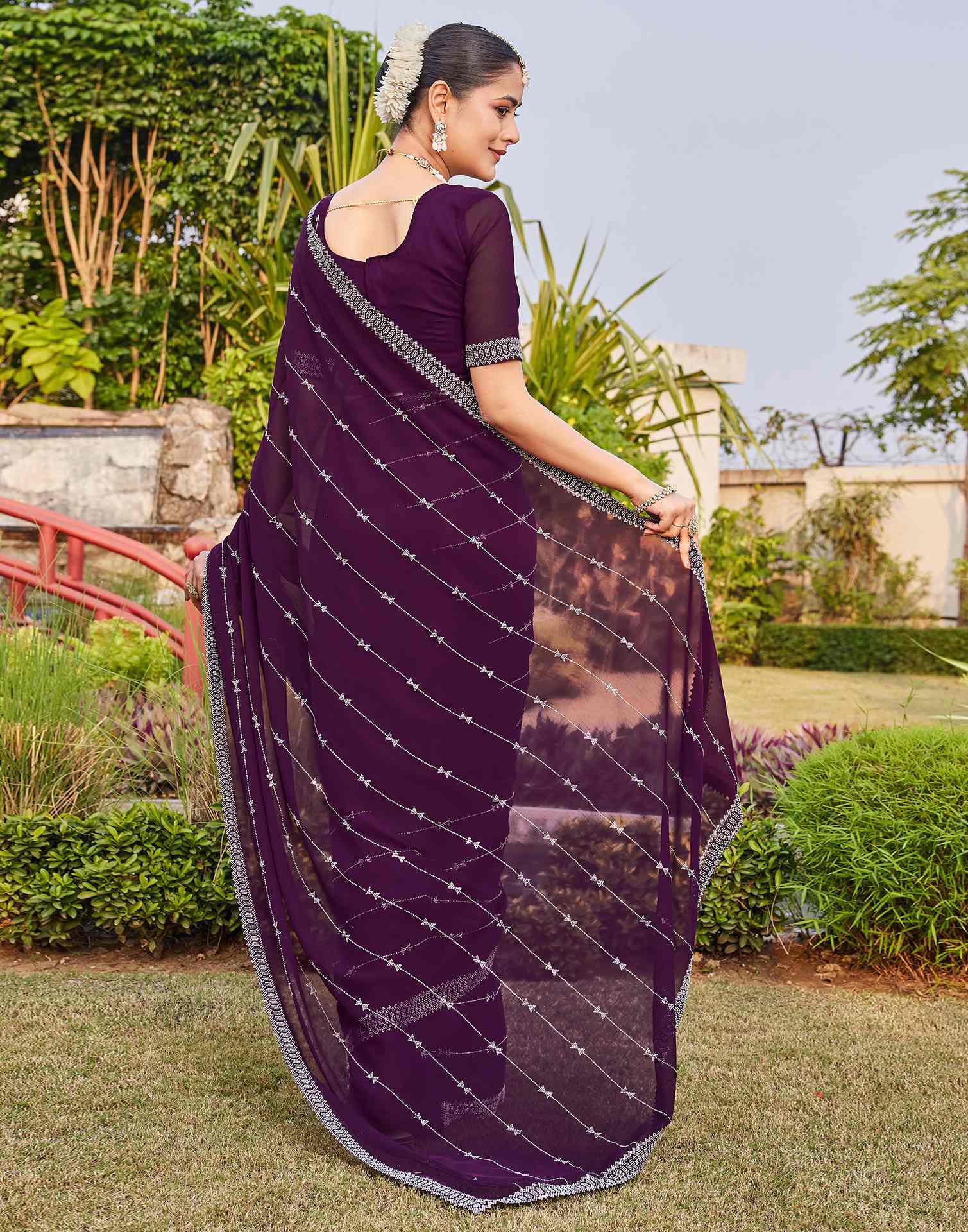 Dark Purple Georgette Stone Work Embellished Saree