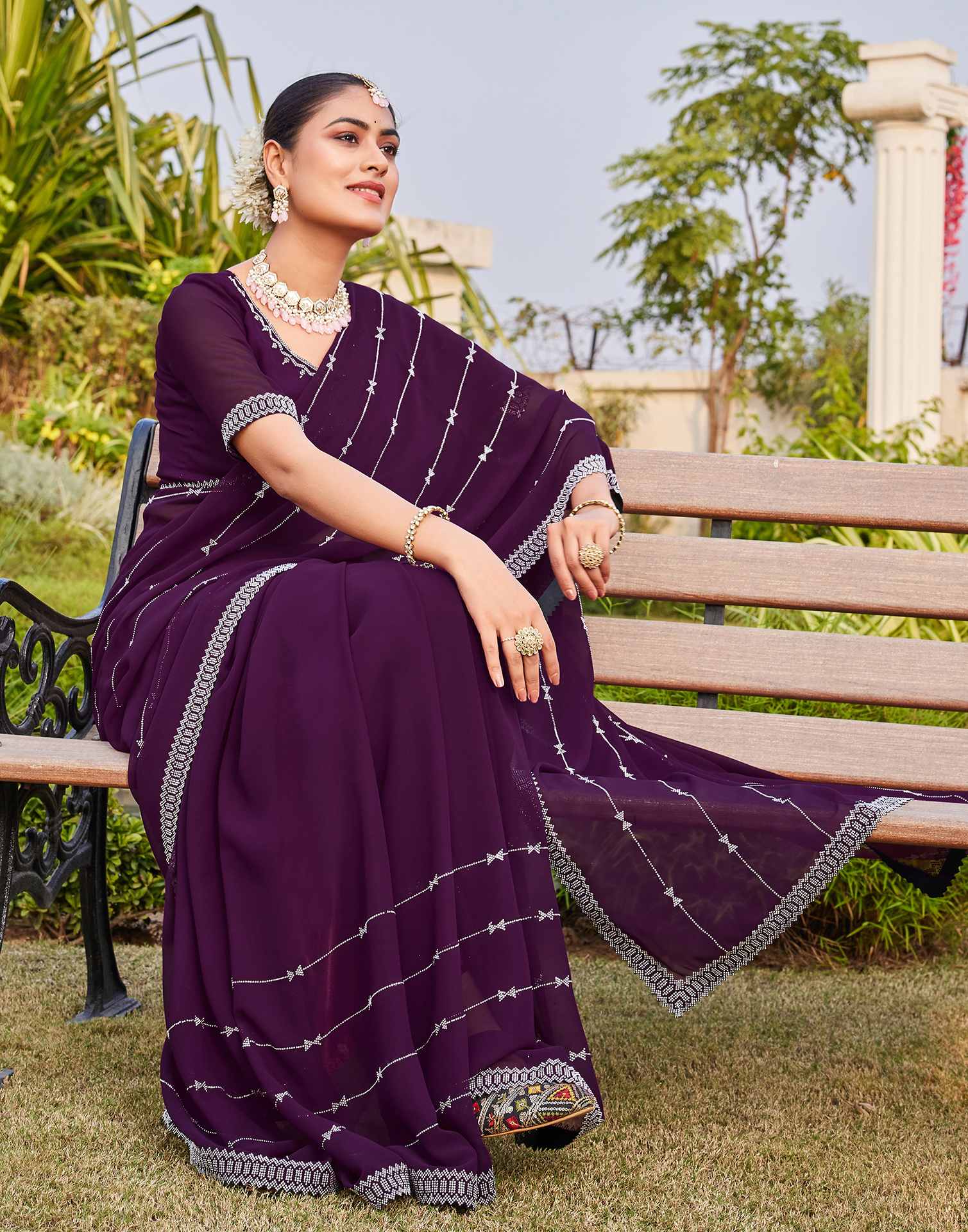 Dark Purple Georgette Stone Work Embellished Saree