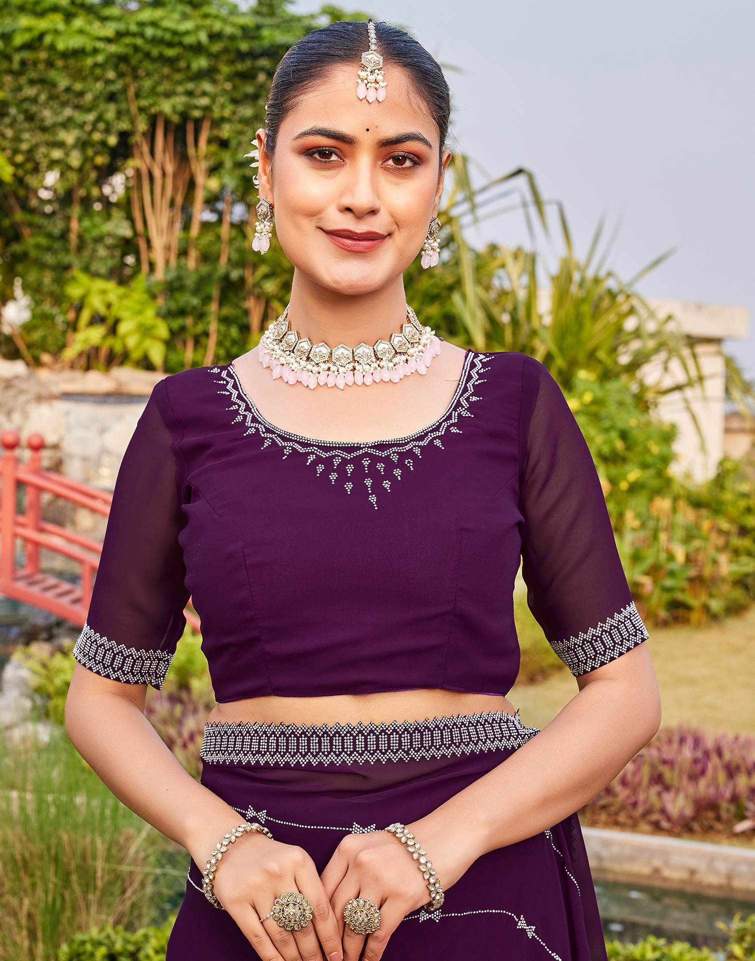Dark Purple Georgette Stone Work Embellished Saree