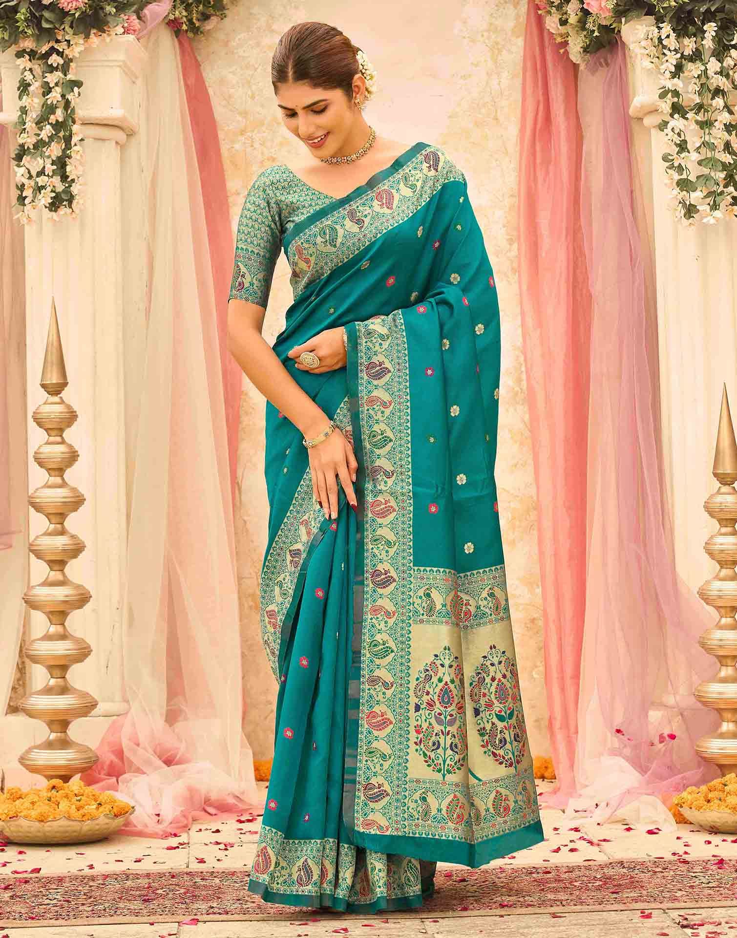 Teal Green Silk Woven Paithani Saree