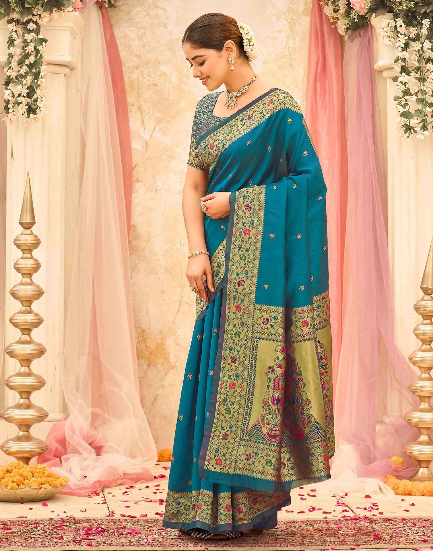 Rama Blue Silk Woven Paithani Saree
