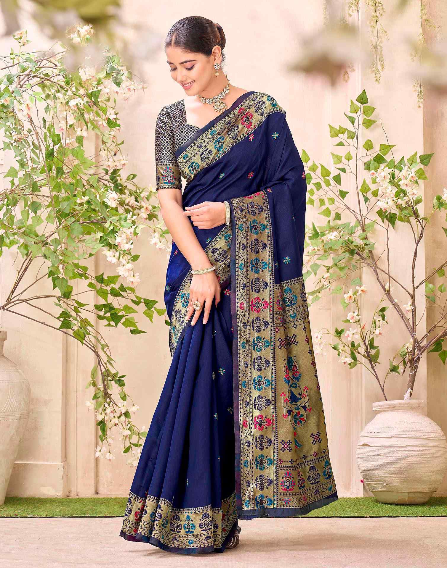 Navy Blue Silk Woven Paithani Saree
