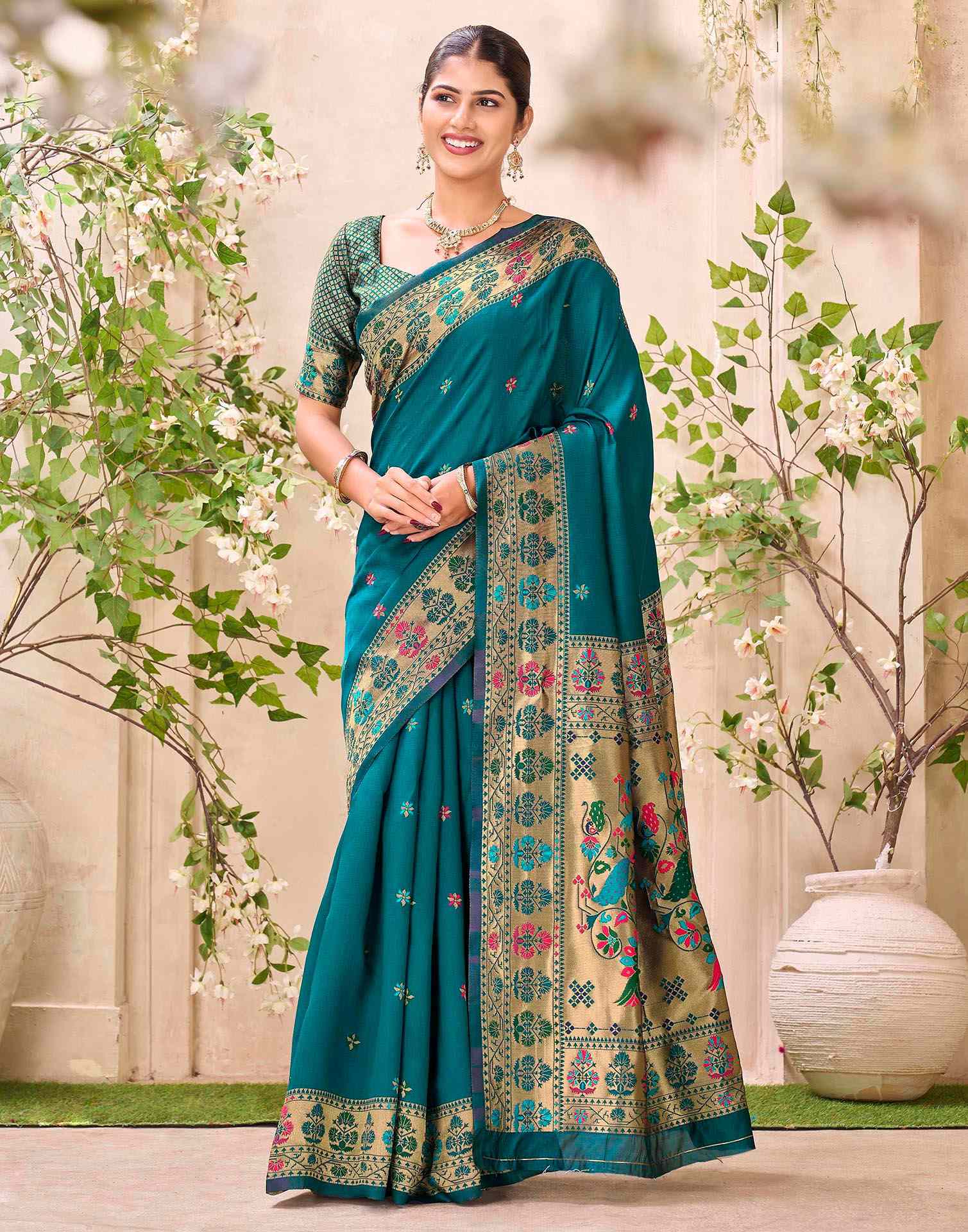 Rama Blue Silk Woven Paithani Saree