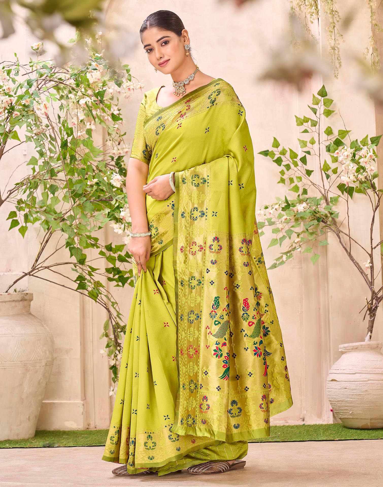 Lime Green Silk Woven Paithani Saree