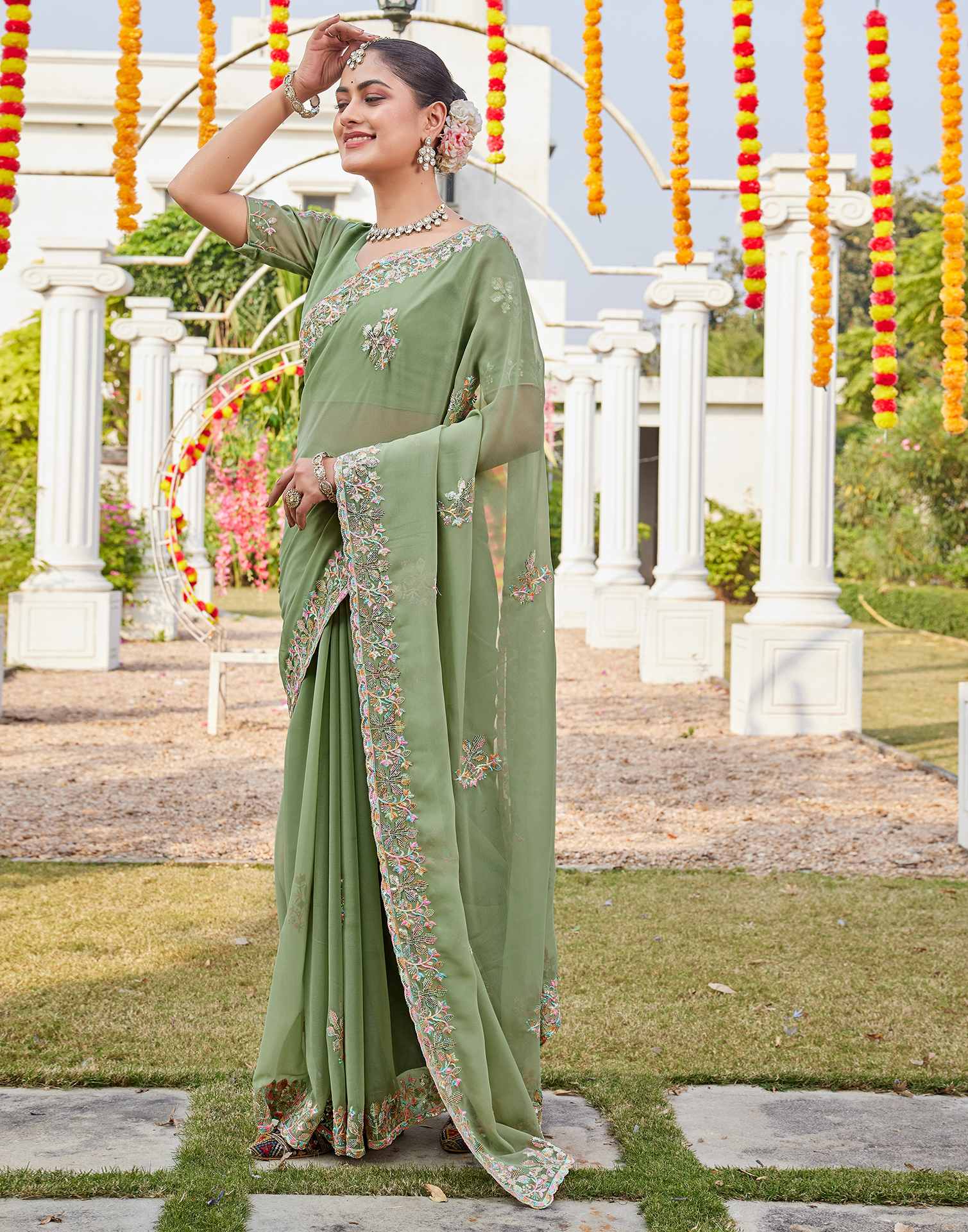 Pista Green Georgette Sequence Embroidery Saree