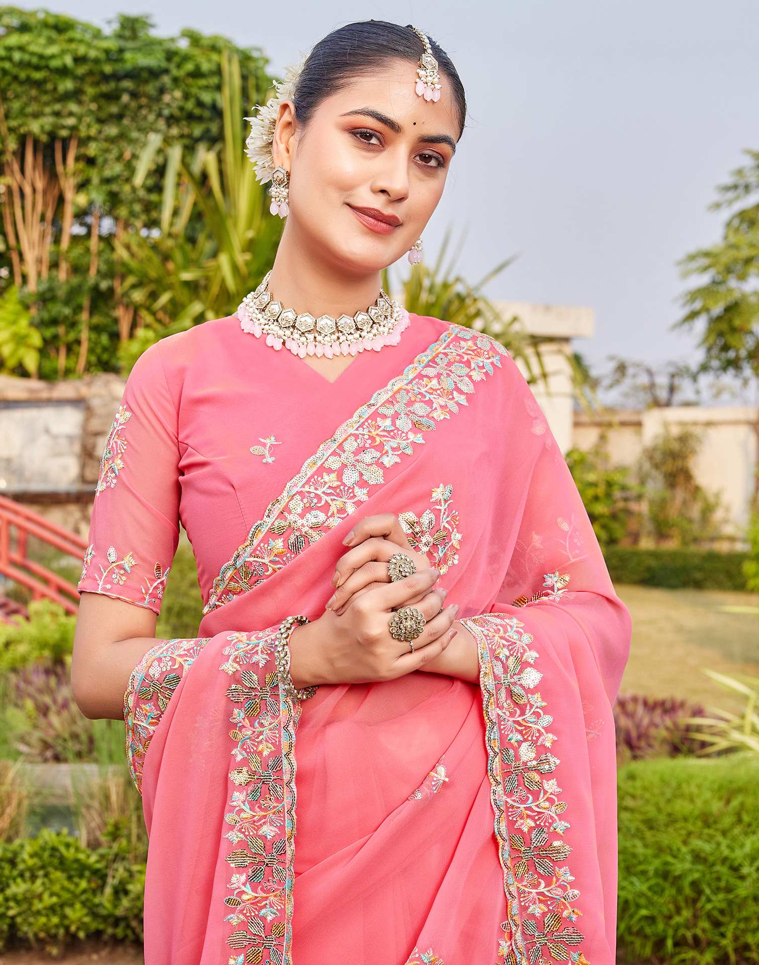 Pink Georgette Sequence Embroidery Saree