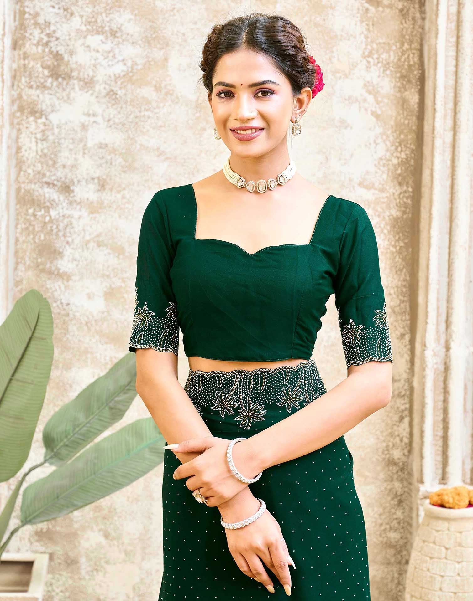 Dark Green Shimmer Stone Work Swarovski Saree