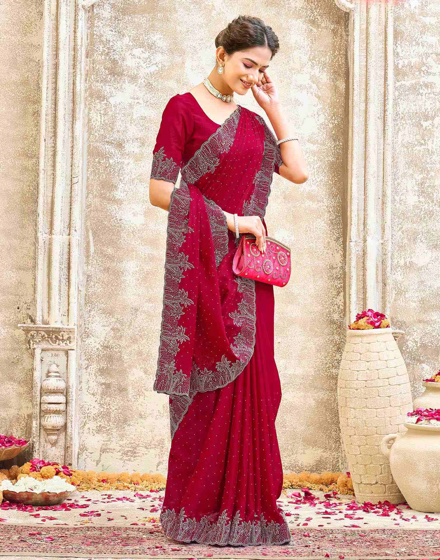 Maroon Shimmer Stone Work Swarovski Saree