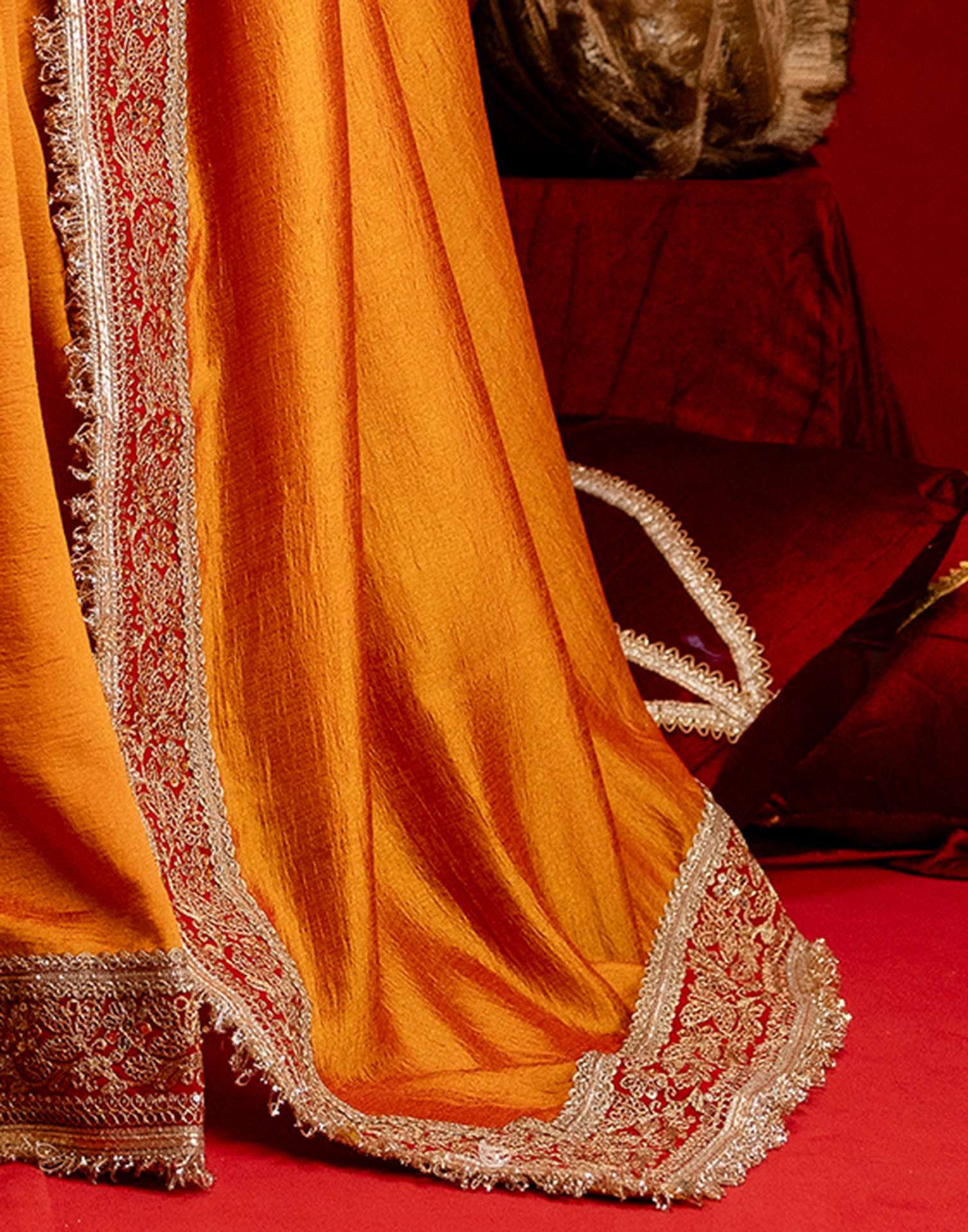 Orange Vichitra Silk Sequence Embroidery Lace Saree
