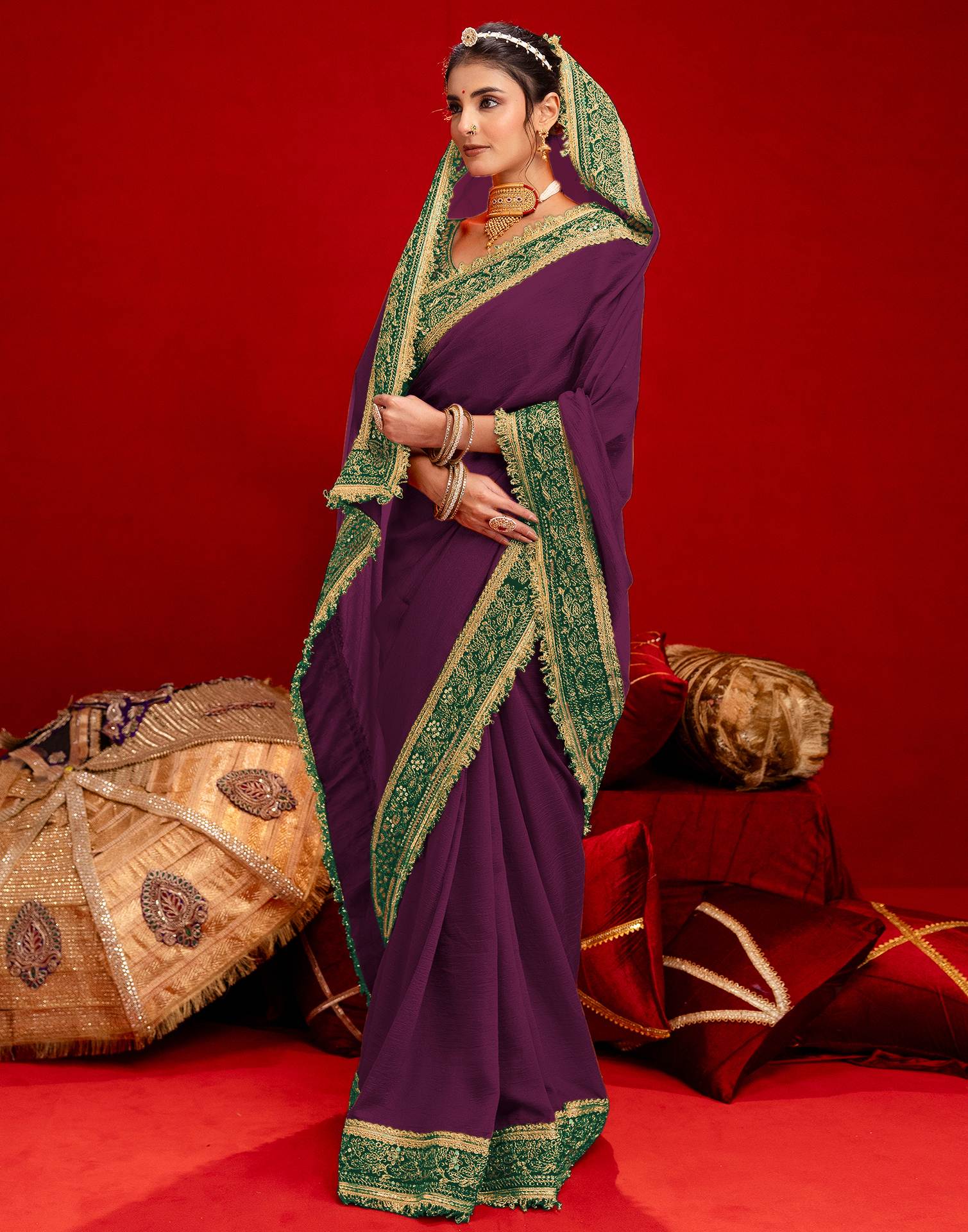 Dark Purple Vichitra Silk Sequence Embroidery Lace Saree