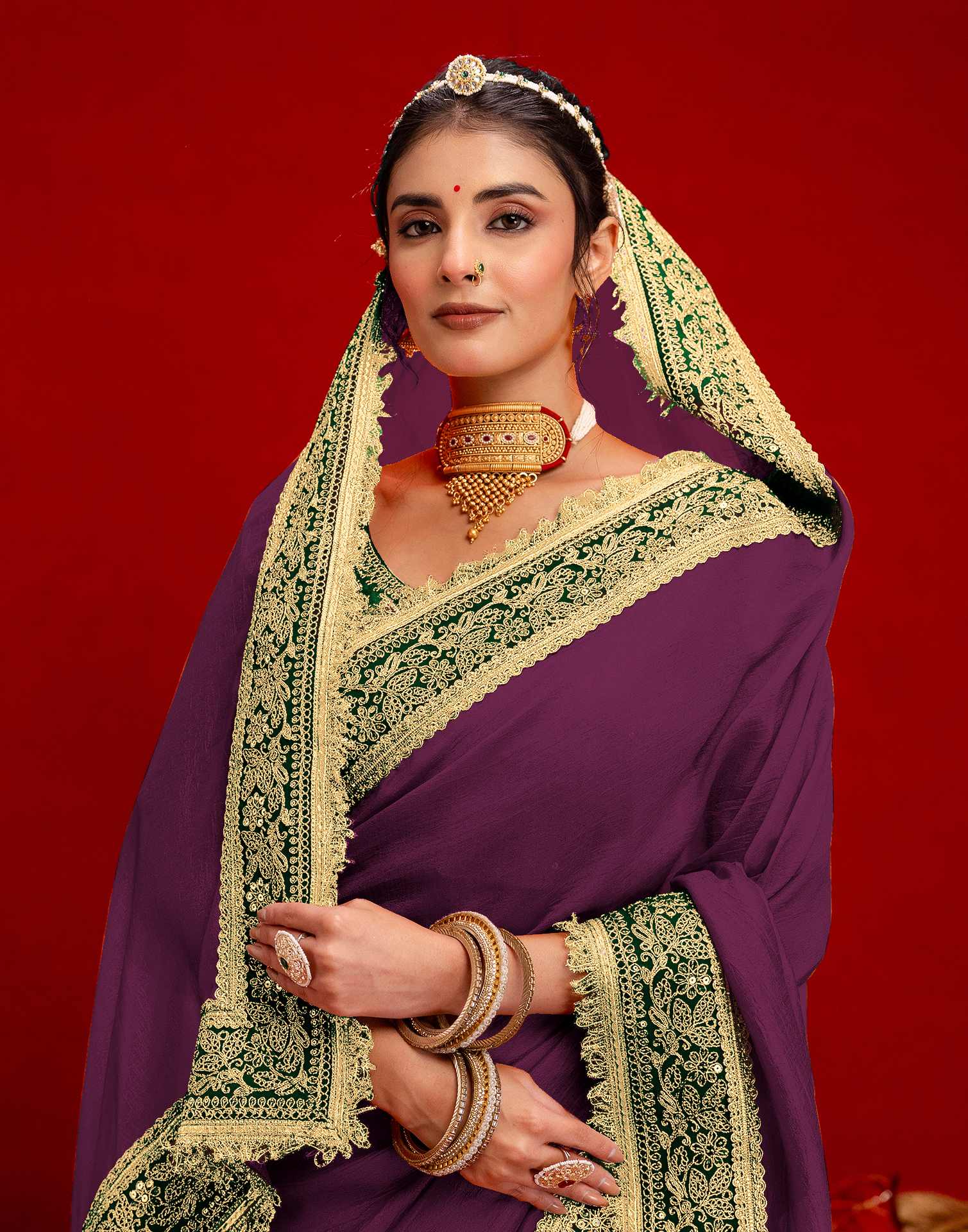 Dark Purple Vichitra Silk Sequence Embroidery Lace Saree