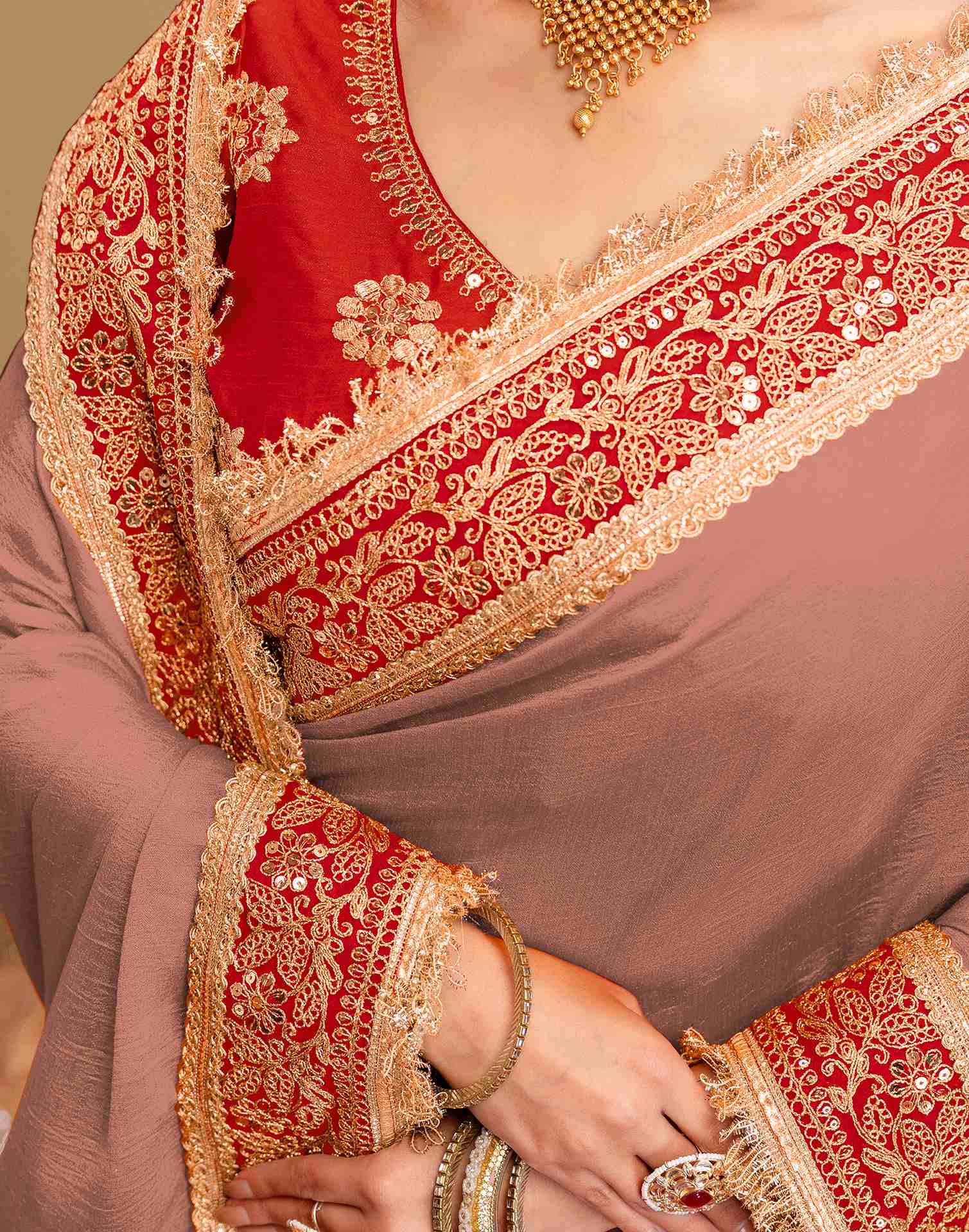 Dark Peach Vichitra Silk Sequence Embroidery Lace Saree