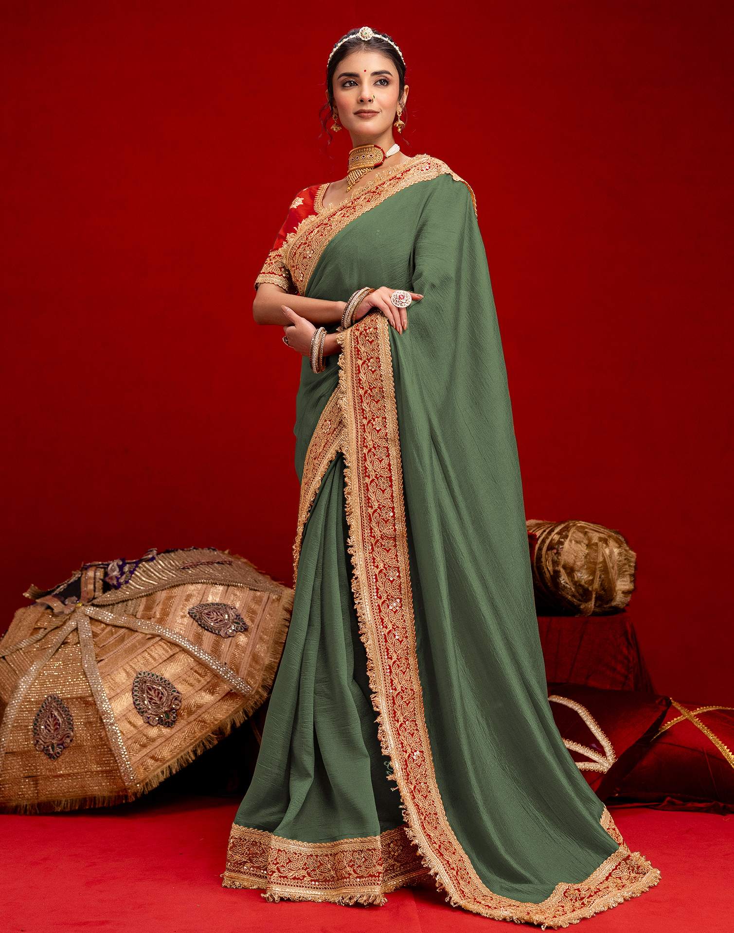 Dusty Green Vichitra Silk Sequence Embroidery Lace Saree