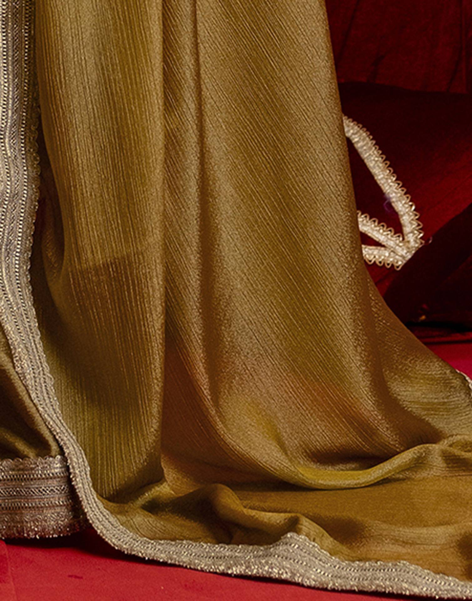 Mustard Green Chinnon Silk Gota Lace Saree