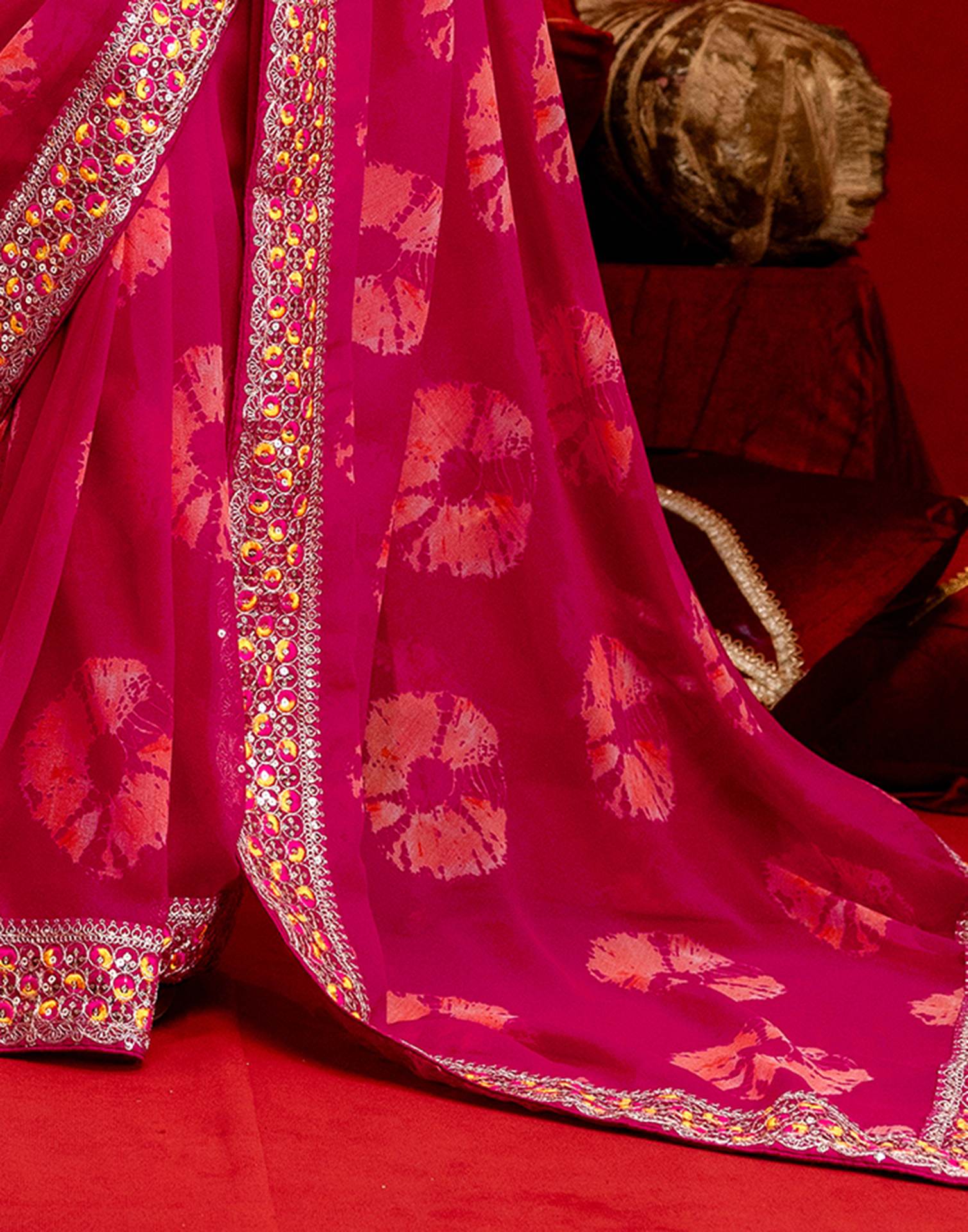 Pink Georgette Bandhani Printed Lace Saree