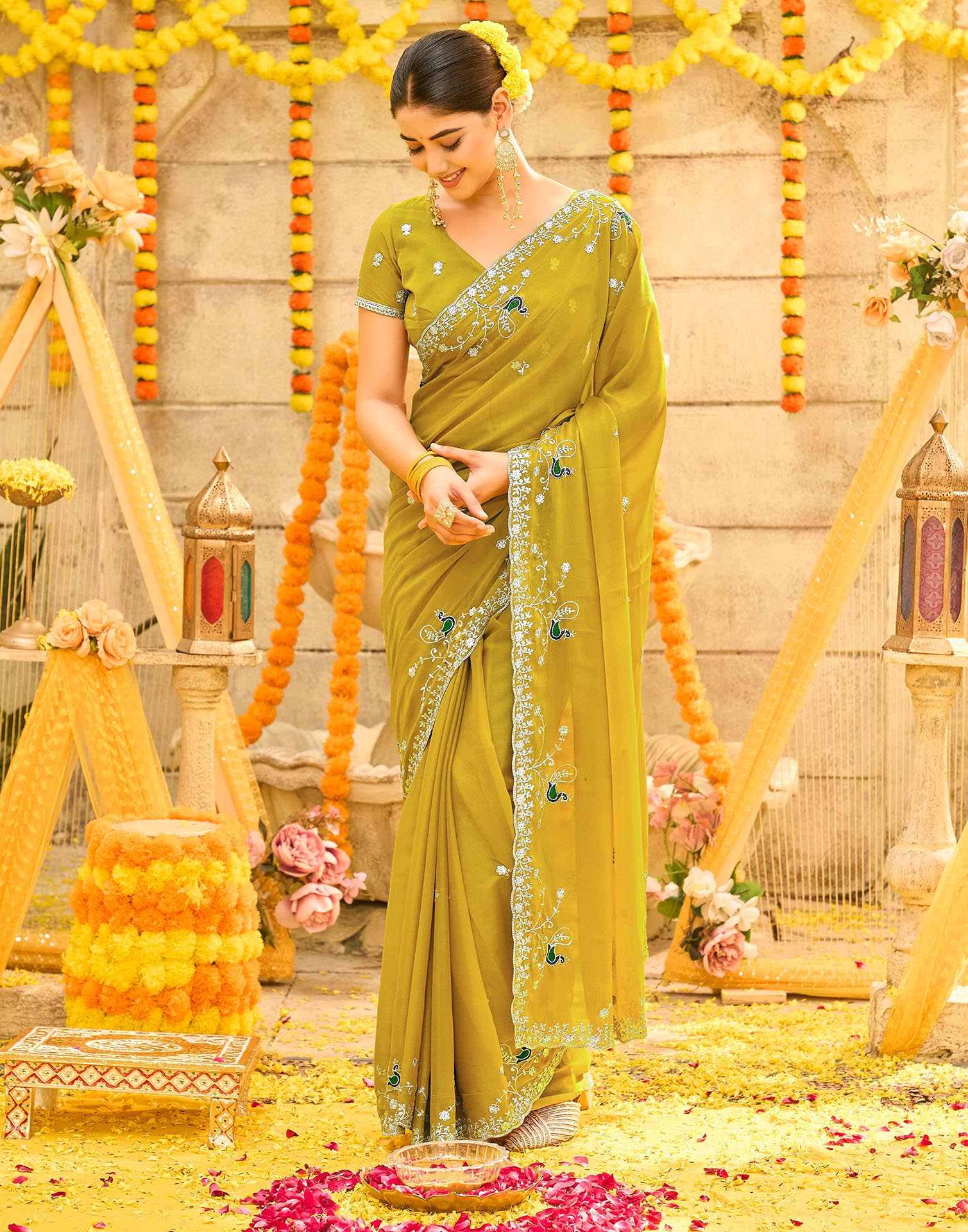 Mustard Yellow Shimmer Sequence Embroidery Saree