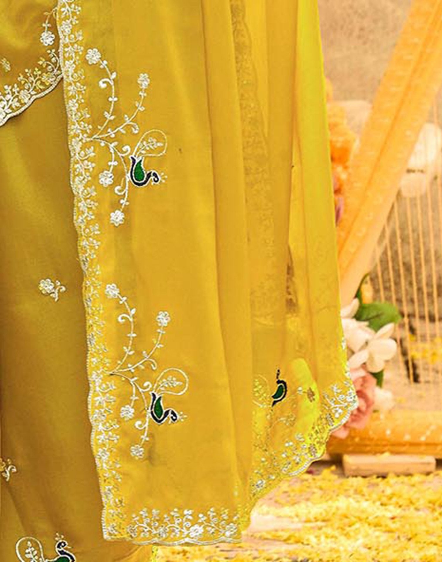 Mustard Yellow Shimmer Sequence Embroidery Saree