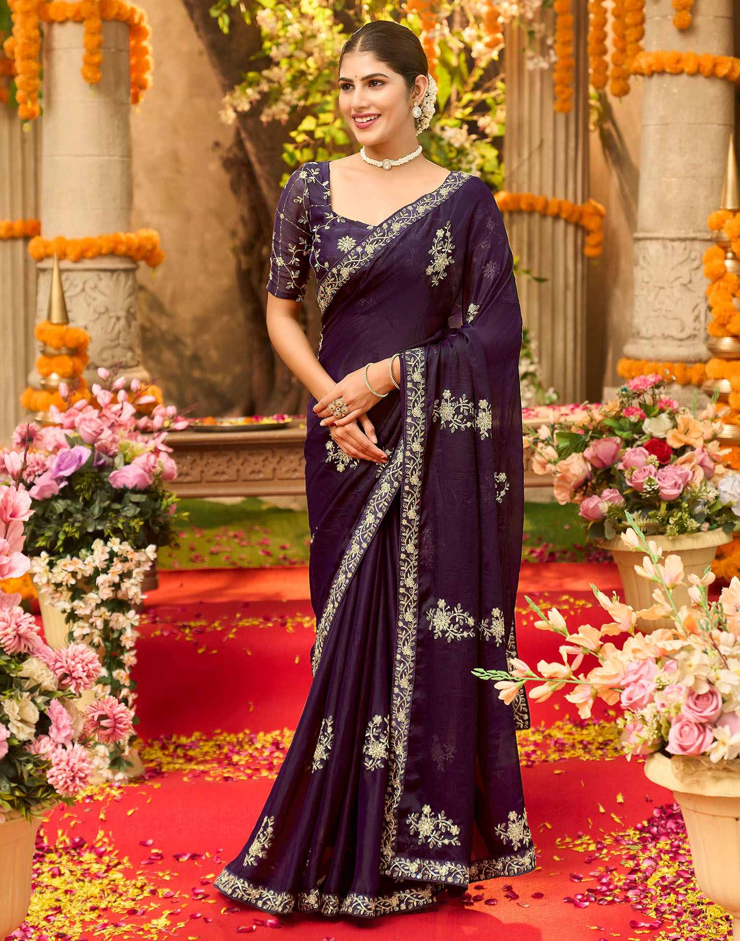 Wine Chiffon Sequence Embroidery Saree