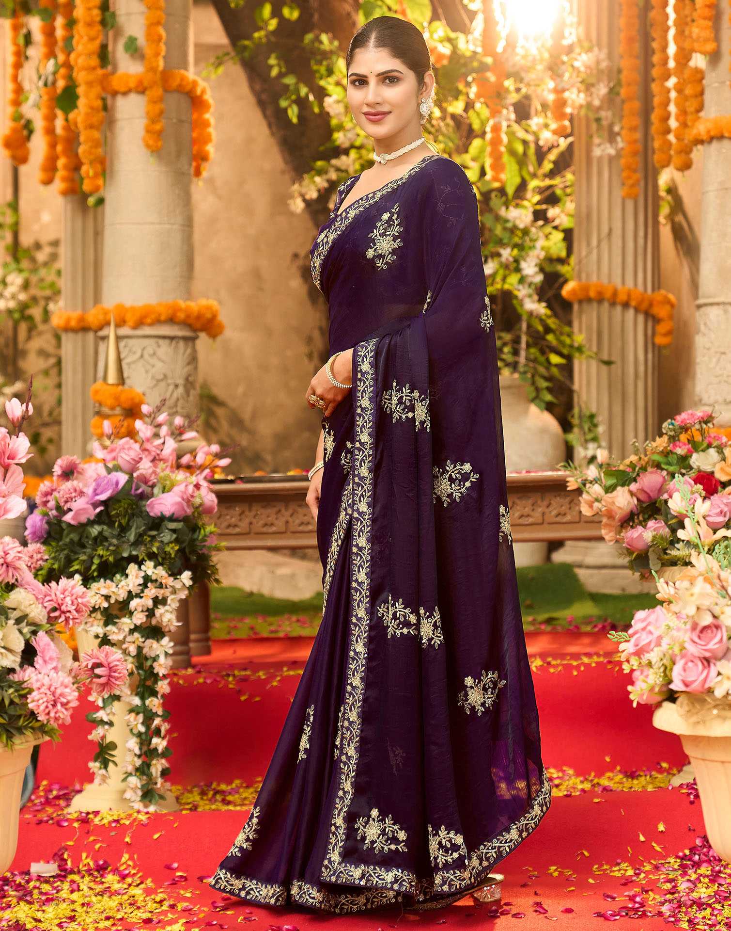 Wine Chiffon Sequence Embroidery Saree